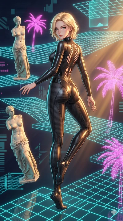 score_9, masterpiece, best quality, ultra-detailed, high-budget anime keyframe, Japanese woman. low angle full-body shot filling the entire 9:16 frame with her statuesque presence, stretching the vertical silhouette. drifting through a holographic va