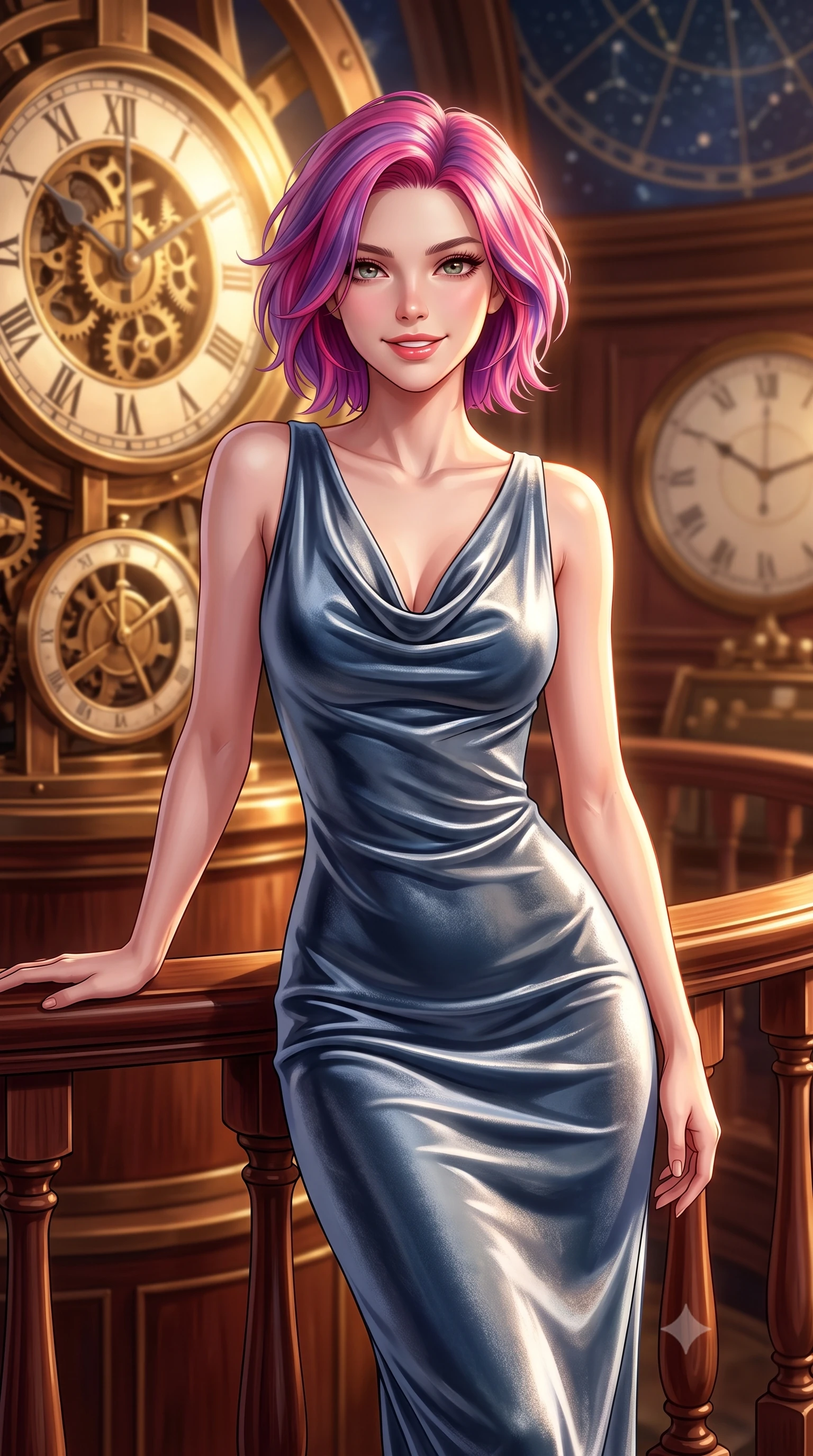 score_9, masterpiece, best quality, ultra-detailed, high-budget anime keyframe, editorial fashion photography, tasteful artistic composition, Caucasian woman. close-up cowboy shot from the waist and thighs up, the character dominates the composition, filling the frame with her large presence, background elements kept in soft focus. Smiling with quiet, magnetic self-assurance directly into the lens leaning against a vintage mahogany balustrade inside a mechanical observatory, rich mahogany and polished bronze textures reflecting warm hearth light. She has an exceptionally elegant, slender, and willowy female figure with an ultra-slim waist, a gracefully sculpted slender torso, and a refined silhouette. sharp v-shaped jawline, high-bridge nose, intricate jewel-like eyes with depth, thick eyelashes, glossy lips with a natural sheen. wearing an elegant cowl-neck satin midi dress with a draped neckline in slate blue and metallic silver, made of premium stretch velvet with a rich sheen, accented with a Tasteful chest slit framing her clavicle gracefully, the sleek second-skin texture accentuating her magnetic presence. illuminated by a brilliant golden hour glow filtering through clockwork dials. highly saturated vibrant anime colors, detailed shading with soft gradients, rich glossy textures, high-contrast stereoscopic depth, volumetric dynamic lighting, master piece, 9:16 ratio