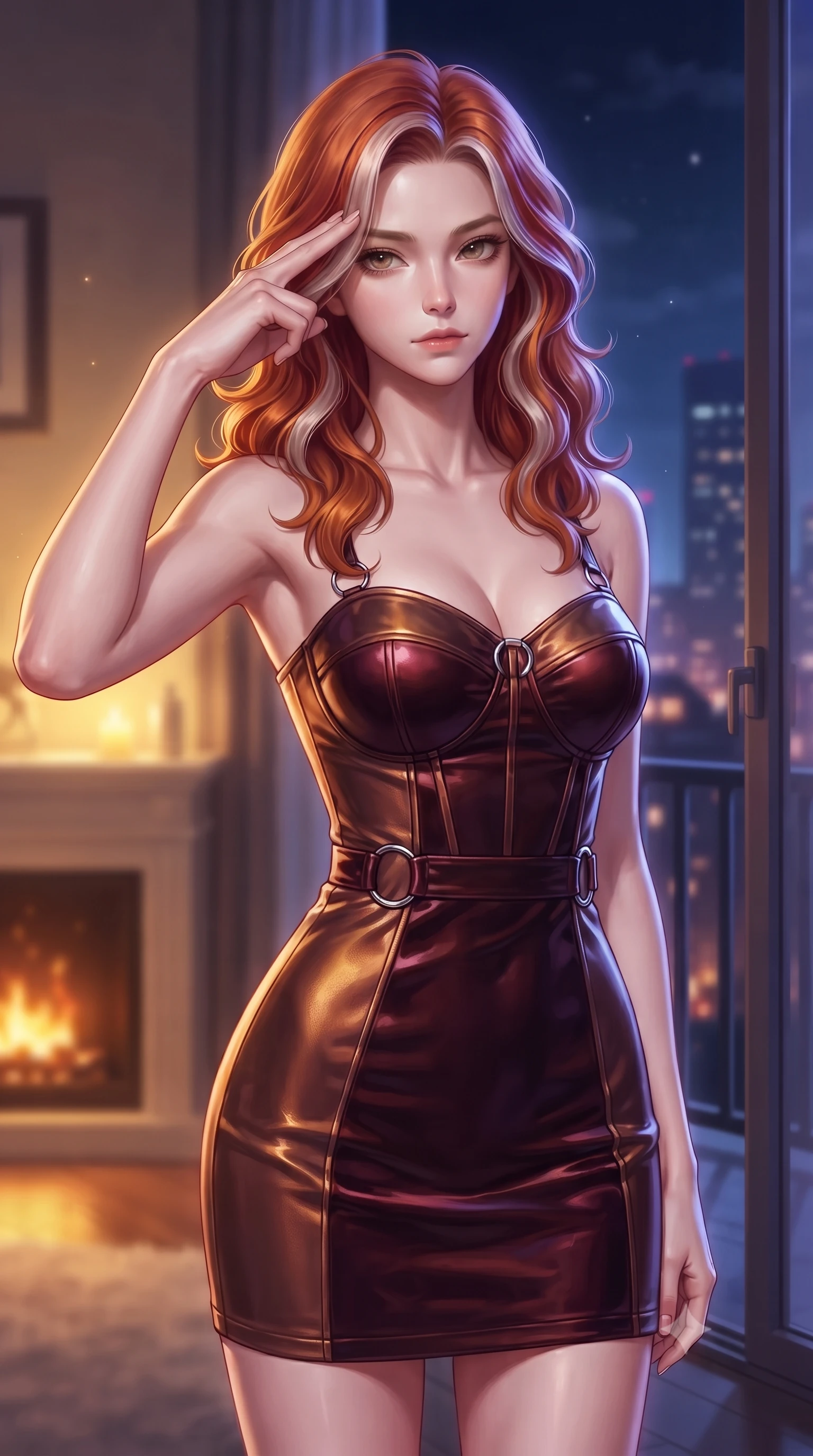 score_9, masterpiece, best quality, ultra-detailed, high-budget anime keyframe, editorial fashion photography, tasteful artistic composition, Caucasian woman. close-up cowboy shot from the waist and thighs up, the character dominates the composition, filling the frame with her large presence, background elements kept in soft focus. Pressing two fingers to her temple in a composed thoughtful gesture with an air of magnetic charisma standing by an open balcony door as night city breezes flutter silk drapes, soft moonlight tracing her slender shoulder and collarbone lines elegantly. She has an exceptionally elegant, slender, and willowy female figure with an ultra-slim waist, a gracefully sculpted slender torso, and a refined silhouette. sharp v-shaped jawline, high-bridge nose, intricate jewel-like eyes with depth, thick eyelashes, glossy lips with a natural sheen. wearing a modern fusion silk hanbok dress with a structured bodice in deep burgundy and bronze, made of premium stretch velvet with a rich sheen, accented with delicate chrome ring hardware framing her waist, the sleek second-skin texture accentuating her magnetic presence. illuminated by glowing hearth embers and dramatic city night rim light. highly saturated vibrant anime colors, detailed shading with soft gradients, rich glossy textures, high-contrast stereoscopic depth, volumetric dynamic lighting, master piece, 9:16 ratio