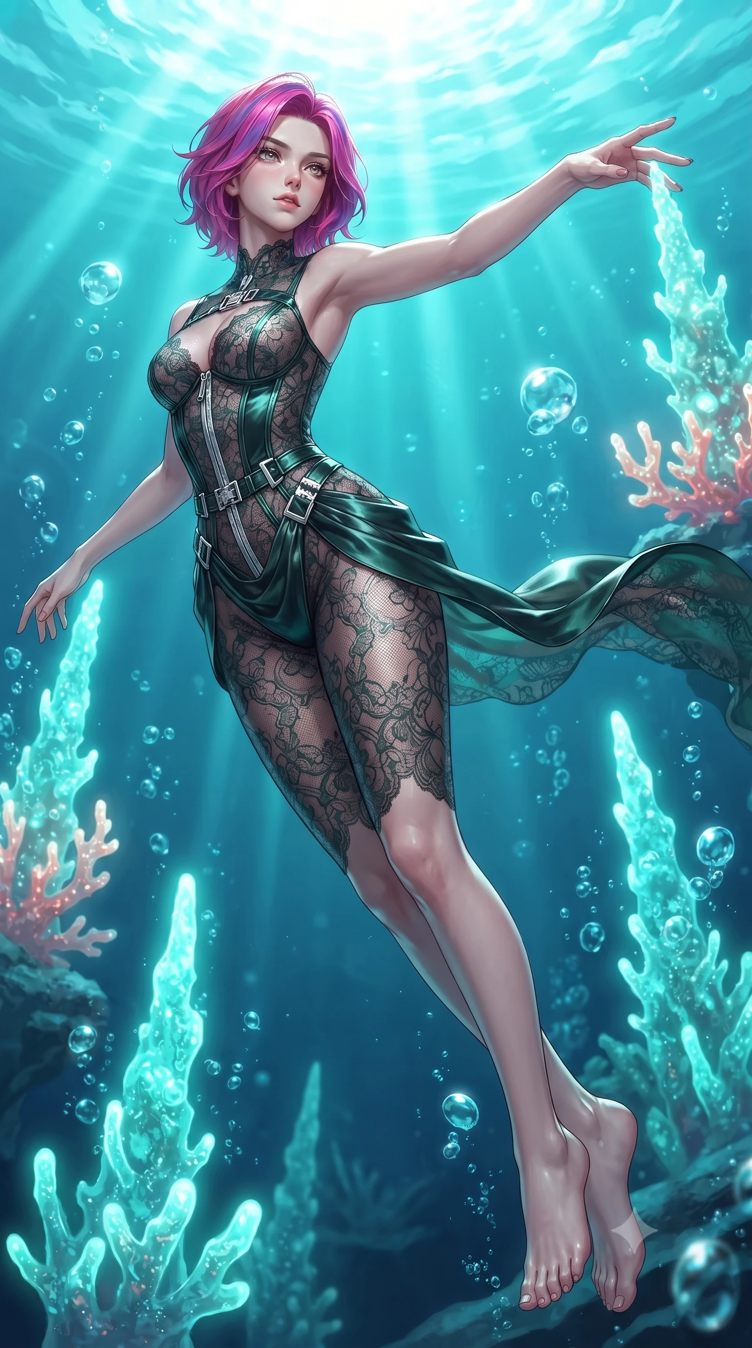 score_9, masterpiece, best quality, ultra-detailed, high-budget anime keyframe, editorial fashion photography, tasteful artistic composition, Caucasian woman. low angle full-body shot from head to toe showing her feet, filling the entire 9:16 vertical frame with her statuesque presence, stretching her vertical silhouette. performing an athletic mid-air rotation with flawless poise, her vertical silhouette beautifully stretched while reaching her hand out to touch a glowing coral dragon spire surrounded by rising bubbles, glowing aqua coral spires emitting pulsing luminescence in the background. She has an absolutely perfect, statuesque 8.5-heads proportion, an exceptionally tall and slender model-like female figure with impossibly long slender legs and an ultra-slim waist. sharp v-shaped jawline, high-bridge nose, intricate jewel-like eyes with depth, thick eyelashes, glossy lips with a natural sheen, flawlessly proportioned anatomical accuracy, natural body alignment, perfectly sculpted elegant limbs, clean dynamic posture without body distortion. wearing a sheer dark lace pattern bodysuit with structured corsetry boning in deep emerald green and silver accent, crafted from lustrous satin jersey with fluid draping, detailed with polished silver buckles along the waistline, the form-contouring material highlighting her ultra-slim waist and long lines. bathed in brilliant sun-drenched water rays and luminous turquoise caustic glow. ultra-reflective glossy finish, specular highlights, metallic sheen, high-contrast stereoscopic depth, volumetric dynamic lighting, 2k, ultra detail, master piece, 9:16 ratio