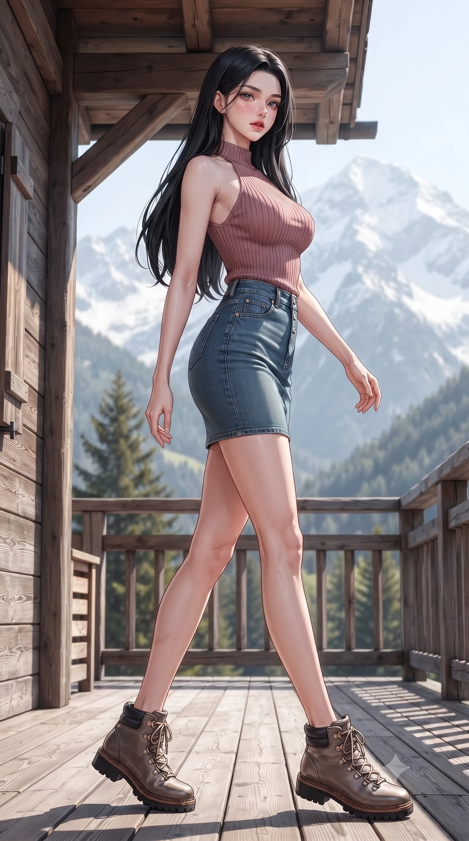 score_9, masterpiece, best quality, ultra-detailed, high-budget anime keyframe, editorial fashion photography, tasteful artistic composition, Korean woman woman. low angle full-body shot from head to toe showing her feet, filling the entire 9:16 vertical frame with her statuesque presence, stretching her vertical silhouette. stepping gracefully while looking back over her shoulder, her dress draped tightly to reveal her silhouette the background shows a soft-focus a wooden veranda of a luxury chalet facing majestic snow-capped peaks. She has an absolutely perfect, statuesque 8.5-heads proportion, an exceptionally tall and slender model-like female figure with impossibly long slender legs and an ultra-slim waist. sharp v-shaped jawline, high-bridge nose, intricate jewel-like eyes with depth, thick eyelashes, glossy lips with a natural sheen. wearing a body-hugging form-fitting ribbed knit halter top in dusty rose, paired with a tight-fitting denim skirt. bright morning alpine sun highlighting the white snow and green pine trees. ultra-reflective glossy finish, specular highlights, metallic sheen, high-contrast stereoscopic depth, volumetric dynamic lighting, 2k, ultra detail, master piece, 9:16 ratio