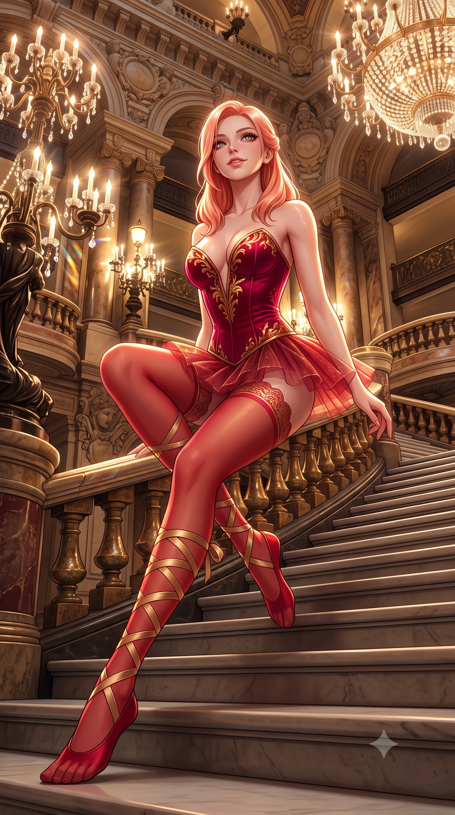 score_9, masterpiece, best quality, ultra-detailed, high-budget anime keyframe, semi-realistic 3D game render, editorial fashion photography, tasteful artistic composition, Japanese woman. low angle full-body shot from head to toe showing her feet, filling the entire 9:16 vertical frame with her statuesque presence, stretching her vertical silhouette. sitting poised on the stone steps with one knee bent, arching her spine with supermodel elegance as she glances upward through thick eyelashes while twisting her slender torso in an alluring contrapposto stance, shimmering crystal chandelier refractions dancing across her curves. The surrounding environment is rendered in vivid detail and crisp panoramic clarity: detailed ballet leotard satin weave, delicate lace ribbons, and historic French opera architecture in razor-sharp precision. She has an absolutely perfect, statuesque 8.5-heads proportion, an exceptionally tall and slender model-like female figure with impossibly long slender legs, an ultra-slim waist, a flat toned midriff, narrow delicate ribcage, and beautifully sculpted feminine hips creating a graceful, slim hourglass silhouette without any bulky heaviness. sharp v-shaped jawline, high-bridge nose, sparkling eyes with hypnotic seductive depth, thick curled eyelashes, glossy parted lips with a natural dewy peach sheen, alluring bedroom-eyes with an enchanting coquettish smile, exuding magnetic siren charisma and sophisticated glamour, flawlessly proportioned anatomical accuracy, strict slender model proportions, natural body alignment, perfectly sculpted long slender limbs, ultra-slim waistline, clean dynamic posture without body distortion. wearing a plunging sweetheart-neckline boned satin ballet bustier paired with an ultra-short sheer tulle micro-tutu and silk stockings in royal opera house crimson velvet and shimmering gold leaf, tailored from fine ribbed modal knit with gentle elastic contouring and soft hand-feel, finished with delicate satin ballet ribbon ties criss-crossing up her slender calves to the knee, the glove-like clinging cut tightly following the natural contour of her hips and long slender legs with youthful 8.5-heads elegance. bathed in the warm radiant brilliance of thousands of crystal chandelier electric candles. highly saturated vibrant anime colors, detailed shading with soft gradients, rich glossy textures, high-contrast stereoscopic depth, volumetric dynamic lighting, master piece, 9:16 ratio