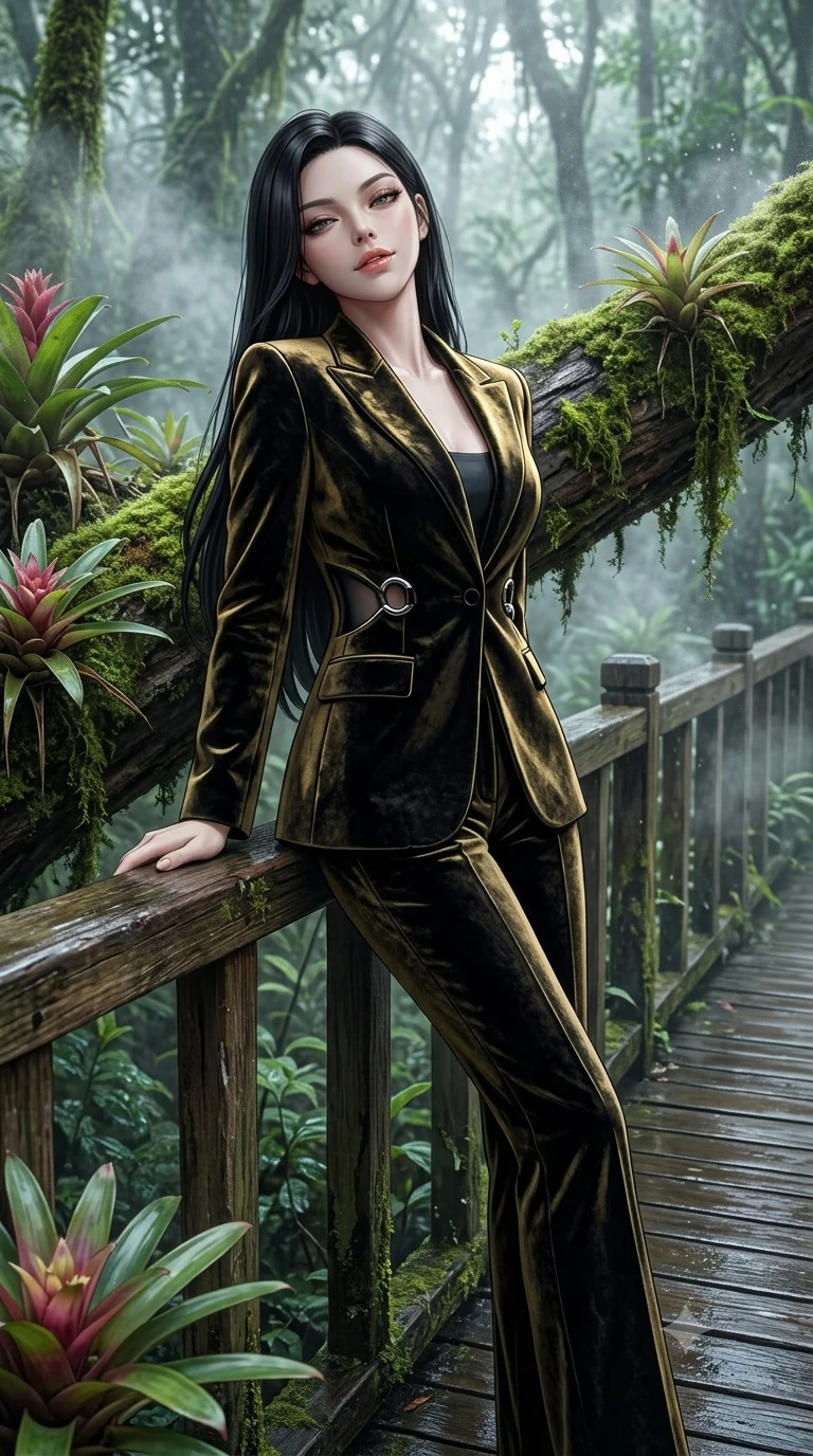 score_9, masterpiece, best quality, ultra-detailed, high-budget anime keyframe, semi-realistic 3D game render, editorial fashion photography, tasteful artistic composition, Korean woman. close-up cowboy shot from the waist and thighs up, the character dominates the composition, filling the frame with her large presence. leaning back against the balustrade with relaxed seductive grace, head tilted back slightly while casting a hypnotic, heavy-lidded gaze while leaning against a moss-draped fallen trunk with hips cocked back, looking through drifting cloud forest vapor with smoldering bedroom-eyes. The surrounding environment is rendered in vivid detail and crisp panoramic clarity: sharp bromeliad flower bracts, wet boardwalk plank grain, and micro-droplets in suspension in deep focus. She has an exceptionally elegant, slender, and willowy female figure with an ultra-slim waist, flat toned midriff, narrow ribcage, and sculpted feminine hips creating an alluring, slim hourglass silhouette without bulk. sharp v-shaped jawline, high-bridge nose, sparkling eyes with hypnotic seductive depth, thick curled eyelashes, glossy parted lips with a natural dewy peach sheen, alluring bedroom-eyes with an enchanting coquettish smile, exuding magnetic siren charisma and sophisticated glamour, flawlessly proportioned anatomical accuracy, strict slender model proportions, natural body alignment, perfectly sculpted long slender limbs, ultra-slim waistline, clean dynamic posture without body distortion. wearing a bespoke tailored linen pantsuit with wide-leg trousers and structured peak lapels in dual-tone high-contrast gold-and-black monochrome, tailored from crushed dark velvet with deep light-absorbing plush texture, accented with sculptural chrome hardware rings framing the subtle cutouts, the bespoke structured tailoring following the natural line of her 8.5-heads silhouette with refined elegance. bathed in diffused, cool 5000K highland daylight penetrating dense cloud forest mist. highly saturated vibrant anime colors, detailed shading with soft gradients, rich glossy textures, high-contrast stereoscopic depth, volumetric dynamic lighting, master piece, 9:16 ratio