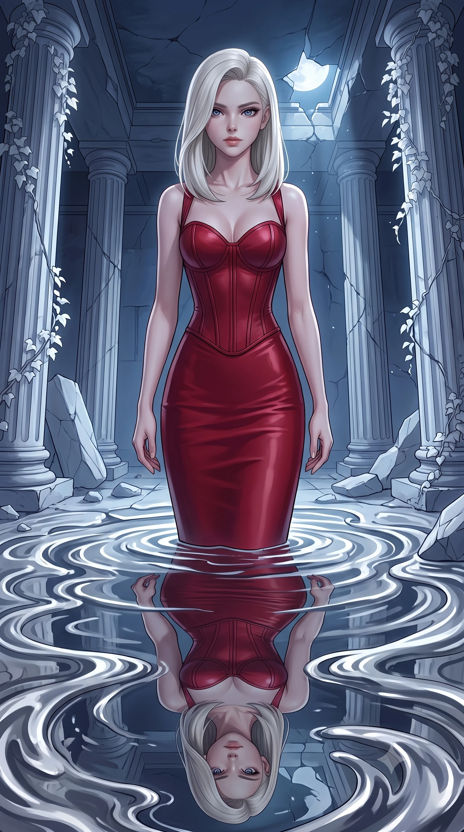 score_9, masterpiece, best quality, ultra-detailed, High-budget Anime Keyframe, Caucasian woman, strictly human ears. Low angle cowboy shot filling the entire 9:16 frame with her statuesque presence. Scenario 427: gazing at her reflection in a pool of liquid silver in a moonlit ancient temple with collapsing marble pillars and white ivy. Her presence is magnetic and overpowering in this high-budget anime scene. Outfit 427: a form-contouring crimson red matte vinyl corset dress layered over a structured corset bodice. The clothing is designed to emphasize her exceptionally tall and slender 8-heads proportion. 8-heads proportion, towering silhouette, ultra-slim waist. sharp v-shaped jawline, intricate jewel-like eyes with depth, thick eyelashes, glossy lips. 2k, ultra detail, master piece, 9:16 ratio