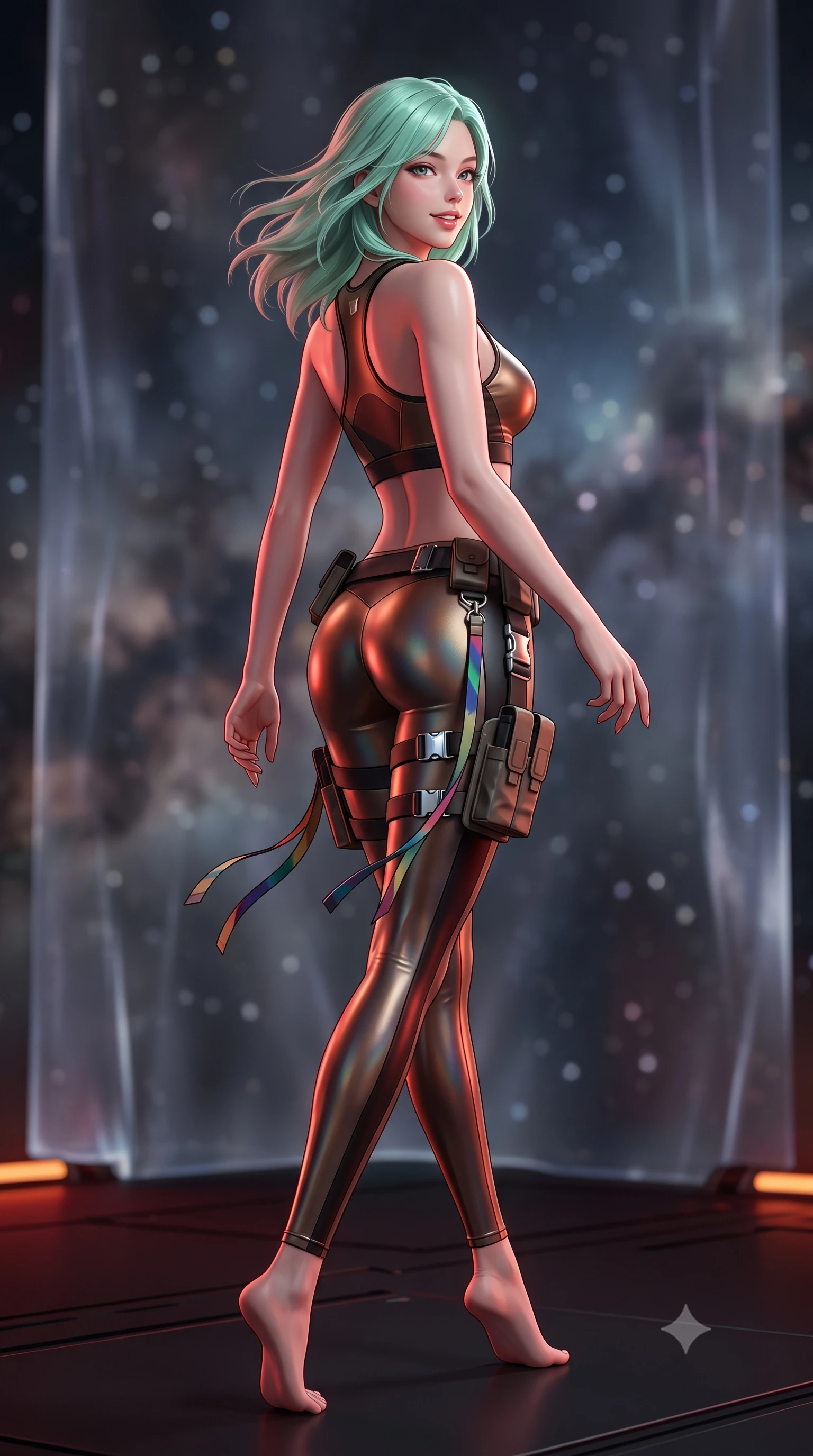score_9, masterpiece, best quality, ultra-detailed, high-budget anime keyframe, semi-realistic 3D game render, editorial fashion photography, tasteful artistic composition, Japanese woman. low angle full-body shot from head to toe showing her feet, filling the entire 9:16 vertical frame with her statuesque presence, stretching her vertical silhouette. executing a cheerful mid-motion pivot turn as her tactical belt and ribbons flutter around her slender legs, glancing over her shoulder with an intoxicating, teasing bedroom-gaze while walking silently across the radar-absorbent matte black deck, arching her back with sovereign covert-ops grace. The background shows a soft-focus translucent shimmering cloaking field boundaries and distant nebula clouds blurred into smoky charcoal, indigo, and starlight bokeh. She has an absolutely perfect, statuesque 8.5-heads proportion, an exceptionally tall and slender model-like female figure with impossibly long slender legs, an ultra-slim waist, a flat toned midriff, narrow delicate ribcage, and beautifully sculpted feminine hips creating a graceful, slim hourglass silhouette without any bulky heaviness. sharp v-shaped jawline, high-bridge nose, intricate jewel-like sparkling eyes with depth, thick eyelashes, glossy parted lips with a natural sheen, bright confident smile with an enchanting and coquettish sensual glint, exuding both youthful magnetic charm and sovereign high-tech allure, flawlessly proportioned anatomical accuracy, strict slender model proportions, natural body alignment, perfectly sculpted long slender limbs, ultra-slim waistline, clean dynamic posture without body distortion. wearing a tactical racerback athletic crop top paired with skin-tight high-waisted holographic combat leggings in burnished bronze alloy and smoked glass black, made of supple second-skin compression stretch jersey clinging flawlessly to her form, finished with polished chrome buckle hardware and modular magnetic holster clasps, the form-contouring cut accentuating her sculpted flat midriff, narrow delicate ribcage, and gracefully curvy hips with cybernetic supermodel precision. bathed in low-key red and dim amber tactical lighting contrasting with cold starlight. highly saturated vibrant anime colors, detailed shading with soft gradients, rich glossy textures, high-contrast stereoscopic depth, volumetric dynamic lighting, master piece, 9:16 ratio