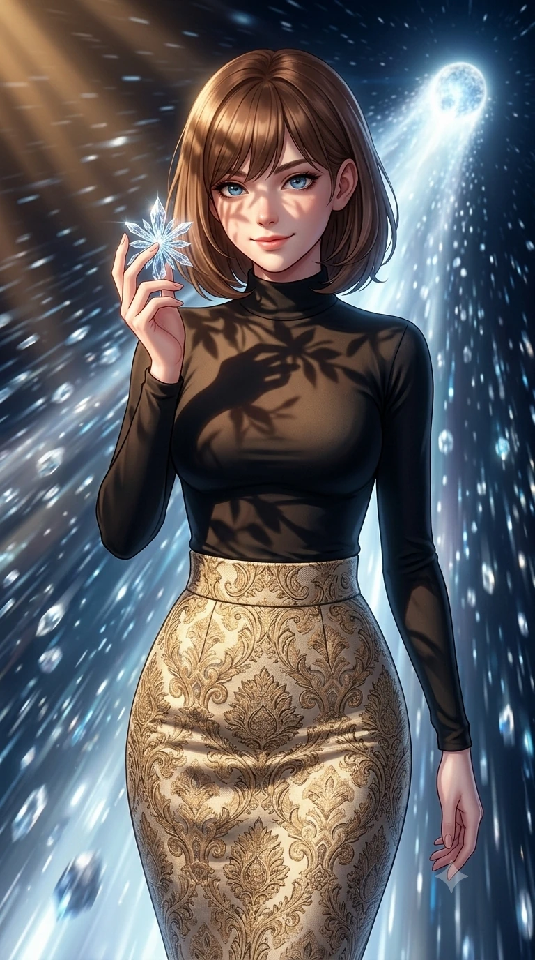 score_9, masterpiece, best quality, ultra-detailed, high-budget anime keyframe, editorial fashion photography, tasteful artistic composition, Caucasian woman, strictly human ears. close-up cowboy shot from the waist and thighs up, the character dominates the composition, filling the frame with her large presence, background elements kept in soft focus. Holding a delicate object up near her face while gazing at the viewer with a knowing smile. set against a soft-focus background of riding the luminous tail of a comet as it streaks through deep space with silver and blue ice particles streaming past at incredible speed and the comet's nucleus glowing ahead like a frozen sun. She has an exceptionally elegant and slender, willowy female figure with an ultra-slim waist, a gracefully sculpted slender torso, and a refined slim physique. sharp v-shaped jawline, high-bridge nose, intricate jewel-like eyes with depth, thick eyelashes, glossy lips with a natural sheen. wearing a long-sleeve mock-turtleneck top in black, tucked into a high-waisted gold-and-beige jacquard pencil skirt. warm golden afternoon sunbeams casting soft organic leaf shadows across her skin. 2k, ultra detail, master piece, 9:16 ratio
