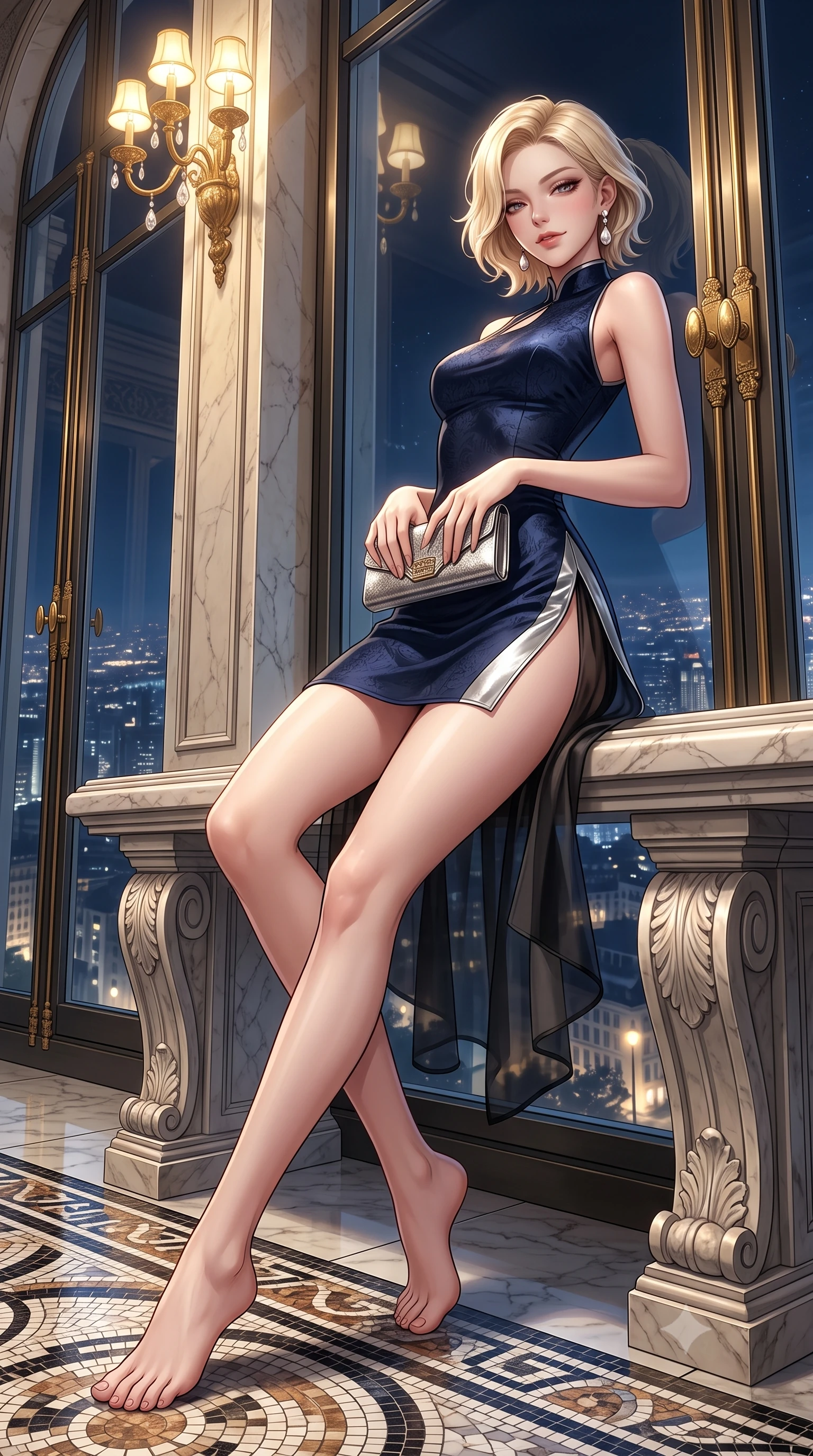 score_9, masterpiece, best quality, ultra-detailed, high-budget anime keyframe, editorial fashion photography, tasteful artistic composition, Caucasian woman. low angle full-body shot from head to toe showing her feet, filling the entire 9:16 vertical frame with her statuesque presence, stretching her vertical silhouette. leaning back against the panoramic glass window with hips cocked back in an unapologetically alluring high-fashion stance, illuminated by the city night vista while lounging gracefully on an ornate marble arcade bench with legs crossed, holding a designer clutch with effortless aristocratic superiority. The surrounding environment is rendered in vivid detail and crisp panoramic clarity. sharp marble mosaic tile tesserae, carved neoclassical stone pilasters, and brass window frame hardware in deep focus. She has an exceptionally tall and slender model-like 8.5-heads proportion, an ultra-slim waist, a flat toned midriff, narrow delicate ribcage, and beautifully sculpted feminine hips creating a graceful, slim hourglass silhouette without any bulky heaviness, with impossibly long slender legs. sharp v-shaped jawline, high-bridge nose, intricate jewel-like dark sparkling eyes with dangerous depth, thick curled eyelashes, glossy parted lips with a rich wine sheen, smoldering seductive half-smile with bedroom-eyes, exuding effortless superiority and intoxicating dark allure, flawlessly proportioned anatomical accuracy, strict slender model proportions, natural body alignment, perfectly sculpted long slender limbs, ultra-slim waistline, clean dynamic posture without body distortion. wearing a modern tailored cheongsam mini dress in midnight navy jacquard silk with dramatic side hip slits in metallic liquid silver and pitch black, crafted from layered gossamer black organza with weightless, smoky flutter, accented with a single dangling baroque pearl earring reflecting the amber glow, the liquid-tight tailored fabric clinging flawlessly to her narrow waist and rounded feminine hips, emphasizing every millimeter of her sculpted slim hourglass curves without any bulky heaviness. bathed in majestic golden arcade chandelier light and soft ambient streetlamp wash. ultra-reflective glossy finish, specular highlights, rich textural contrasts, high-contrast stereoscopic depth, volumetric dynamic lighting, 2k, ultra detail, master piece, 9:16 ratio