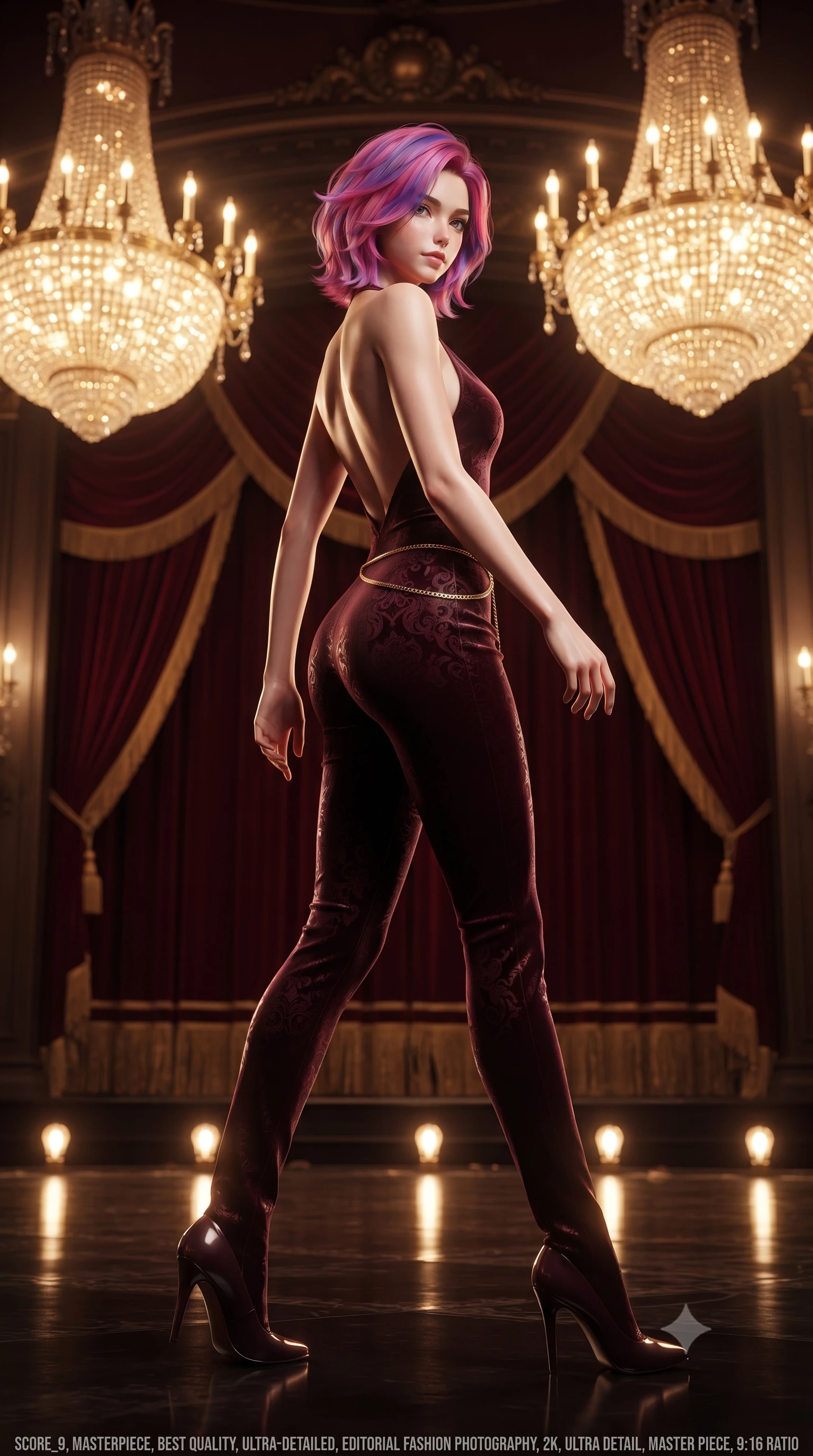 score_9, masterpiece, best quality, ultra-detailed, high-budget anime keyframe, editorial fashion photography, tasteful artistic composition, Caucasian woman. low angle full-body shot from head to toe showing her feet, filling the entire 9:16 vertical frame with her statuesque presence, stretching her vertical silhouette. striding forward gracefully across the reflective floor with sovereign supermodel poise, hips swaying in an alluring kinetic rhythm that accentuates her curvy hourglass silhouette and long slender legs while posing in an alluring rear three-quarter angle looking over a bare shoulder, the colossal crystal chandelier illuminating her willowy silhouette. The composition keeps background elements in soft focus with dreamy creamy bokeh. plush crimson velvet drapery with heavy gold bullion fringes softened in opulent baroque shallow focus. She has an exceptionally tall and slender model-like 8.5-heads proportion, an ultra-slim waist, a flat toned midriff, narrow delicate ribcage, and beautifully sculpted feminine hips creating a graceful, slim hourglass silhouette without any bulky heaviness, with impossibly long slender legs. sharp v-shaped jawline, high-bridge nose, intricate jewel-like dark sparkling eyes with dangerous depth, thick curled eyelashes, glossy parted lips with a rich wine sheen, smoldering seductive half-smile with bedroom-eyes, exuding effortless superiority and intoxicating dark allure, flawlessly proportioned anatomical accuracy, strict slender model proportions, natural body alignment, perfectly sculpted long slender limbs, ultra-slim waistline, clean dynamic posture without body distortion. wearing a second-skin dark burgundy stretch-velvet jumpsuit with a plunging neckline and open back in dark mulberry wine and antique champagne, tailored from rich silk jacquard with subtle embossed baroque patterns, finished with a delicate gold snake chain belt resting loosely across her curvy hips, the form-fitting cut adhering flawlessly to her sculpted flat midriff and slender torso, emphasizing her long leg lines and perfectly proportioned willowy build. bathed in majestic golden chandelier radiance and warm theater footlight bounce. ultra-reflective glossy finish, specular highlights, rich textural contrasts, high-contrast stereoscopic depth, volumetric dynamic lighting, 2k, ultra detail, master piece, 9:16 ratio