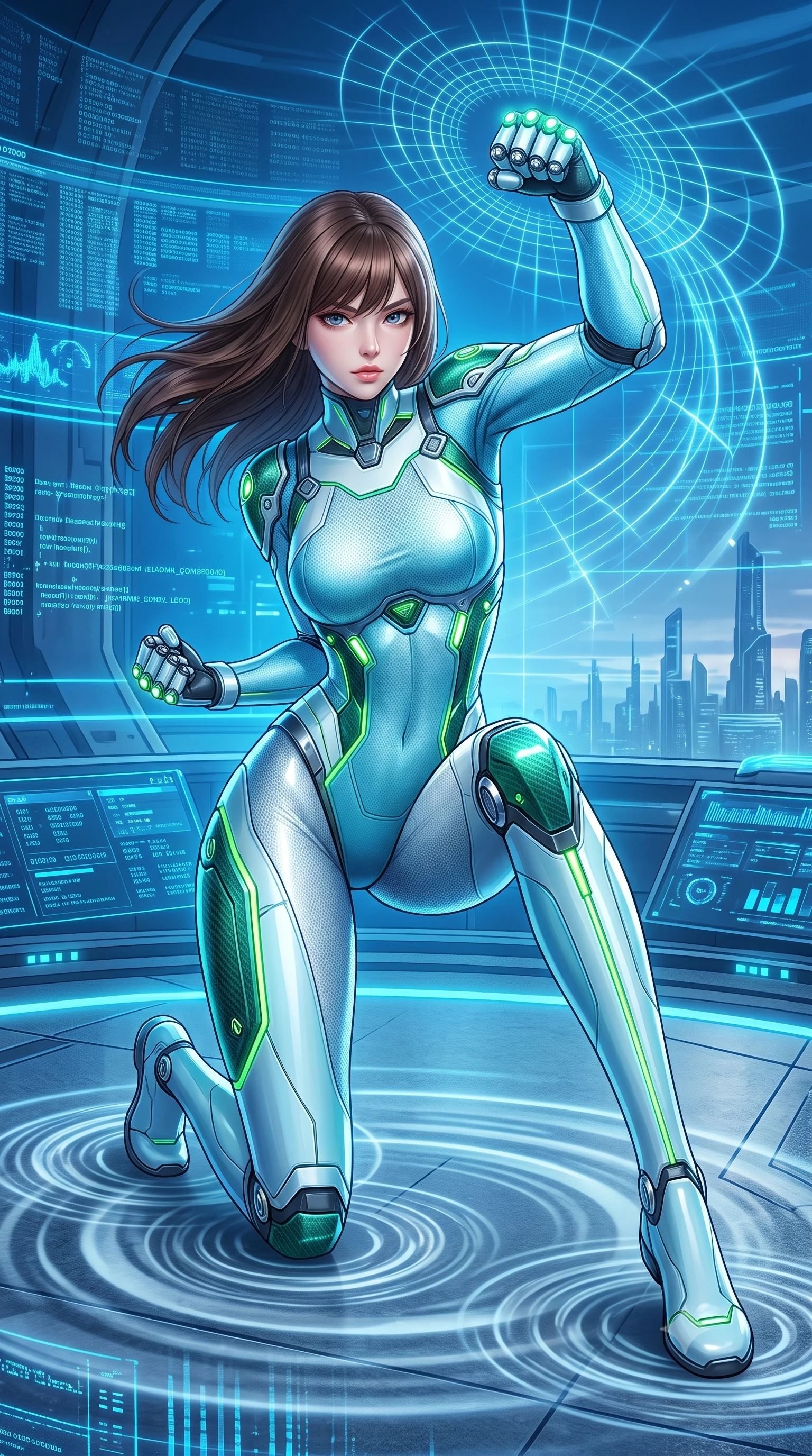 score_9, masterpiece, best quality, ultra-detailed, high-budget anime keyframe, semi-realistic 3D game render, editorial fashion photography, tasteful artistic composition, Korean woman. low angle full-body shot from head to toe showing her feet, filling the entire 9:16 vertical frame with her statuesque presence, stretching her vertical silhouette. landing gracefully from a high-altitude leap on one knee and palm, her statuesque silhouette framed by radial shockwave ripples in the ground while pivoting dynamically as she delivers a precision fist strike into the air, causing quantum grid lines to ripple outward. The surrounding environment is rendered in vivid detail and crisp panoramic clarity. intricate carbon suit nano-circuit lines, glowing knuckle LEDs, and matrix code glyphs in high clarity. She has an absolutely perfect, statuesque 8.5-heads proportion, an exceptionally tall and slender model-like female figure with impossibly long slender legs, a toned flat midriff, and an ultra-slim waist. sharp v-shaped jawline, high-bridge nose, intricate jewel-like eyes with depth, thick eyelashes, glossy lips with a natural sheen, flawlessly proportioned anatomical accuracy, strict slender model proportions, natural body alignment, perfectly sculpted long slender limbs, ultra-slim waistline, clean dynamic posture without body distortion. wearing an ultra-sleek glacial-cyan and white carbon-mesh combat bodysuit with frost-resistant kinetic shock-absorber plating in emerald green carbon composite with glowing lime laser channels, made of lightweight aerodynamic carbon-titanium alloy with polished edge bevels, detailed with magnetic knuckle shock-absorbers and polished chrome articulation joints, the glove-like aerodynamic second-skin fit tightly clinging to her ultra-slender waist and athletic curves without adding bulk, accentuating her razor-sharp statuesque lines and slim hourglass silhouette. bathed in glowing electric sapphire and cyan data stream illumination with rich ambient blue fill. rich saturated anime colors with glowing neon highlights, detailed shading with soft gradients, rich glossy textures, high-contrast stereoscopic depth, volumetric dynamic lighting, master piece, 9:16 ratio