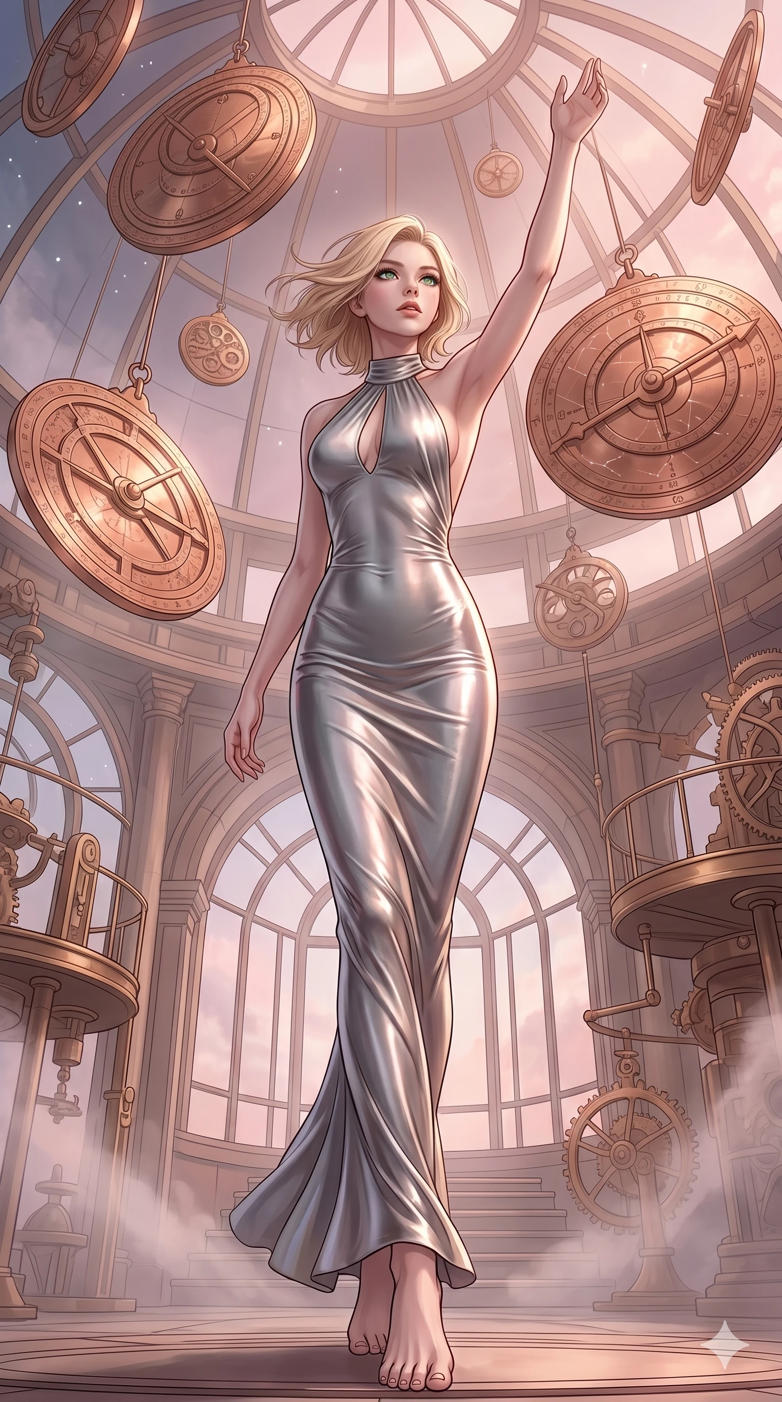 score_9, masterpiece, best quality, ultra-detailed, high-budget anime keyframe, editorial fashion photography, tasteful artistic composition, Caucasian woman, strictly human ears. low angle full-body shot from head to toe showing her feet, filling the entire 9:16 vertical frame with her statuesque presence, stretching her vertical silhouette. Gliding forward with one arm sweeping upward toward the sky inside an alchemical observatory where floating copper astrolabes track alignment of stars. She has an absolutely perfect 8-heads proportion, an exceptionally tall and slender female figure with impossibly long slender legs and an ultra-slim waist. V-shaped jawline, high-bridge nose, intricate jewel-like eyes with depth, thick eyelashes, glossy lips with a natural sheen. wearing a halter-neck column gown in liquid platinum jersey that clings to her silhouette, featuring a keyhole chest cutout and an open-back design. bathed in soft rose-gold dawn light filtering through atmospheric volumetric fog that wraps her silhouette. 2k, ultra detail, master piece, 9:16 ratio