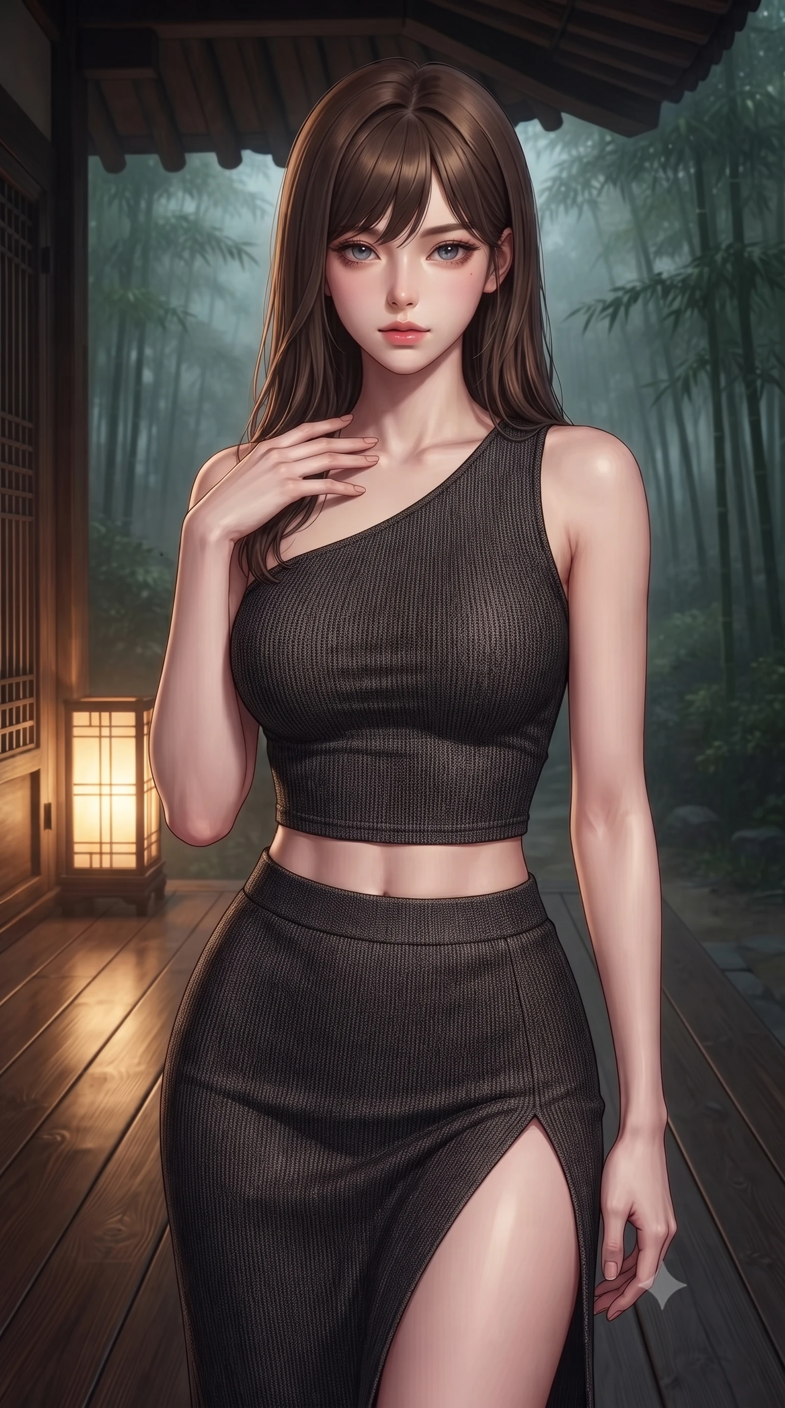 score_9, masterpiece, best quality, ultra-detailed, high-budget anime keyframe, editorial fashion photography, tasteful artistic composition, Korean woman. close-up cowboy shot from the waist and thighs up, the character dominates the composition, filling the frame with her large presence, background elements kept in soft focus. standing with one hand resting on her collarbone, looking at the viewer with bedroom-eyes the background shows a soft-focus the wooden veranda of a traditional estate facing a misty bamboo grove at midnight. She has an exceptionally elegant, slender, and willowy female figure with an ultra-slim waist, a gracefully sculpted slender torso, and a refined silhouette. sharp v-shaped jawline, high-bridge nose, intricate jewel-like eyes with depth, thick eyelashes, glossy lips with a natural sheen. wearing a body-hugging asymmetric one-shoulder crop top in charcoal knit, paired with a high-slit skirt. soft midnight fog diffusing the warm light of a paper lantern. highly saturated vibrant anime colors, detailed shading with soft gradients, rich glossy textures, high-contrast stereoscopic depth, volumetric dynamic lighting, master piece, 9:16 ratio