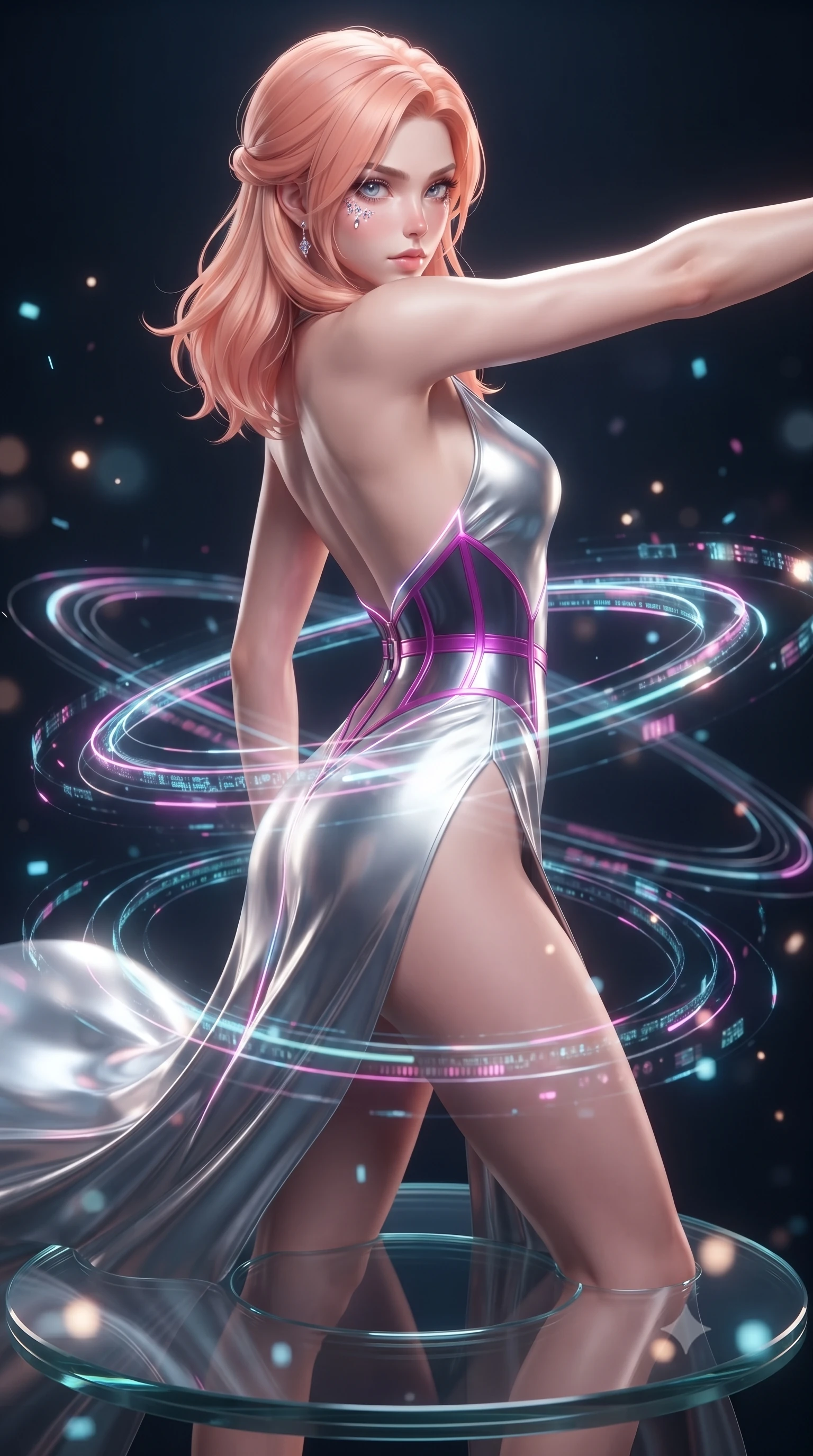 score_9, masterpiece, best quality, ultra-detailed, high-budget anime keyframe, editorial fashion photography, tasteful artistic composition, Japanese woman. close-up cowboy shot from the waist and thighs up, the character dominates the composition, filling the frame with her large presence. stretching forward with an alluring arch of her spine, glancing over her shoulder with divine self-assurance and magnetic intensity while pivoting dynamically on a circular glass platform as pulsing quantum data streams create swirling holographic rings around her waist. The composition keeps background elements in soft focus with creamy bokeh. sparkling holographic data bits scattering soft glowing light motes across a deep tech backdrop. She has an exceptionally elegant, slender, and willowy female figure with an ultra-slim waist, a gracefully sculpted slender torso, toned flat midriff, and a refined slim silhouette. sharp v-shaped jawline, high-bridge nose, intricate jewel-like eyes with depth, thick eyelashes, glossy lips with a natural sheen, flawlessly proportioned anatomical accuracy, strict slender model proportions, natural body alignment, perfectly sculpted long slender limbs, ultra-slim waistline, clean dynamic posture without body distortion. wearing a backless molten silver liquid-metal gown with a high-cut side slit and precision-fitted waist boning in vibrant electric magenta and ultra-reflective dark titanium, made of smooth flowing silk chiffon that shifts colors with movement, accented with glowing fiber-optic seams tracing her collarbones and hip curves, the precision-cut daring openings accentuating her delicate midriff, graceful bare collarbones, and ultra-slim feminine waistline. surrounded by an omniscient, divine, and radiantly transcendent digital muse aura. ultra-reflective glossy finish, specular highlights, dark metallic sheen, high-contrast stereoscopic depth, volumetric dynamic lighting, 2k, ultra detail, master piece, 9:16 ratio