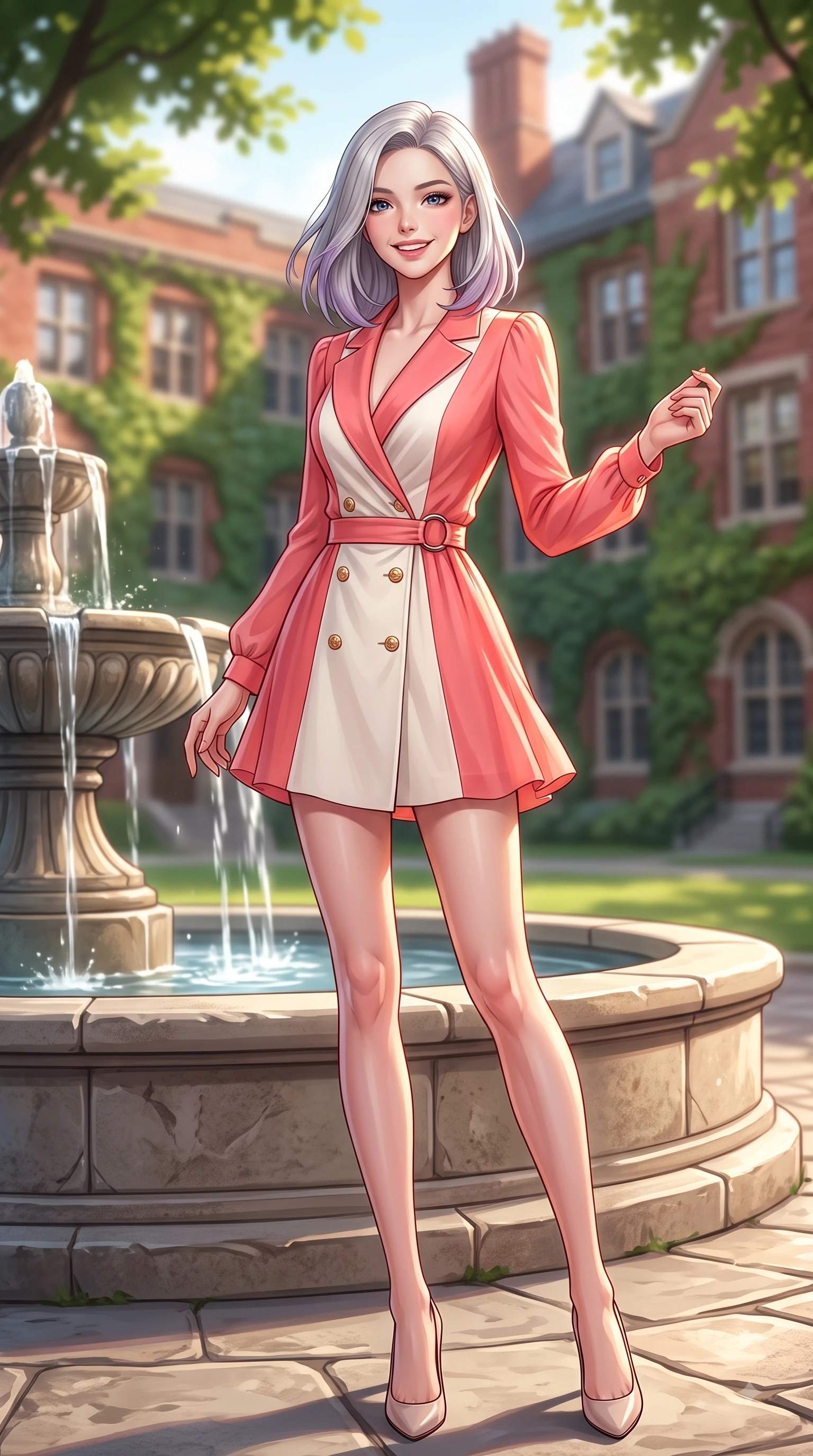 score_9, masterpiece, best quality, ultra-detailed, high-budget anime keyframe, editorial fashion photography, tasteful artistic composition, Caucasian woman. low angle full-body shot from head to toe showing her feet, filling the entire 9:16 vertical frame with her statuesque presence, stretching her vertical silhouette. pivoting dynamically with a fresh infectious smile, her ultra-slim waist creating a sweeping fluid curve while resting near a grand campus stone fountain with a sweet, radiant expression in her eyes. The composition keeps background elements in soft focus with dreamy bokeh. ivy-covered red-brick academic halls and green leaf canopies blurred into soft background bokeh. She has an absolutely perfect, statuesque 8.5-heads proportion, an exceptionally tall and slender model-like female figure with impossibly long slender legs and an ultra-slim waist. sharp v-shaped jawline, high-bridge nose, intricate jewel-like eyes with depth, thick eyelashes, glossy lips with a natural sheen, flawlessly proportioned anatomical accuracy, natural body alignment, perfectly sculpted elegant limbs, clean dynamic posture without body distortion. wearing a sleek double-breasted blazer dress with gold button accents in vibrant coral pink and pure ivory, crafted from lightweight fluid chiffon, accented with subtle metallic ring hardware framing her waist, the elegant draped fit framing her graceful clavicle and slender torso. surrounded by an uplifting, fresh, and youthful academic ambiance. highly saturated vibrant anime colors, detailed shading with soft gradients, rich glossy textures, high-contrast stereoscopic depth, volumetric dynamic lighting, master piece, 9:16 ratio