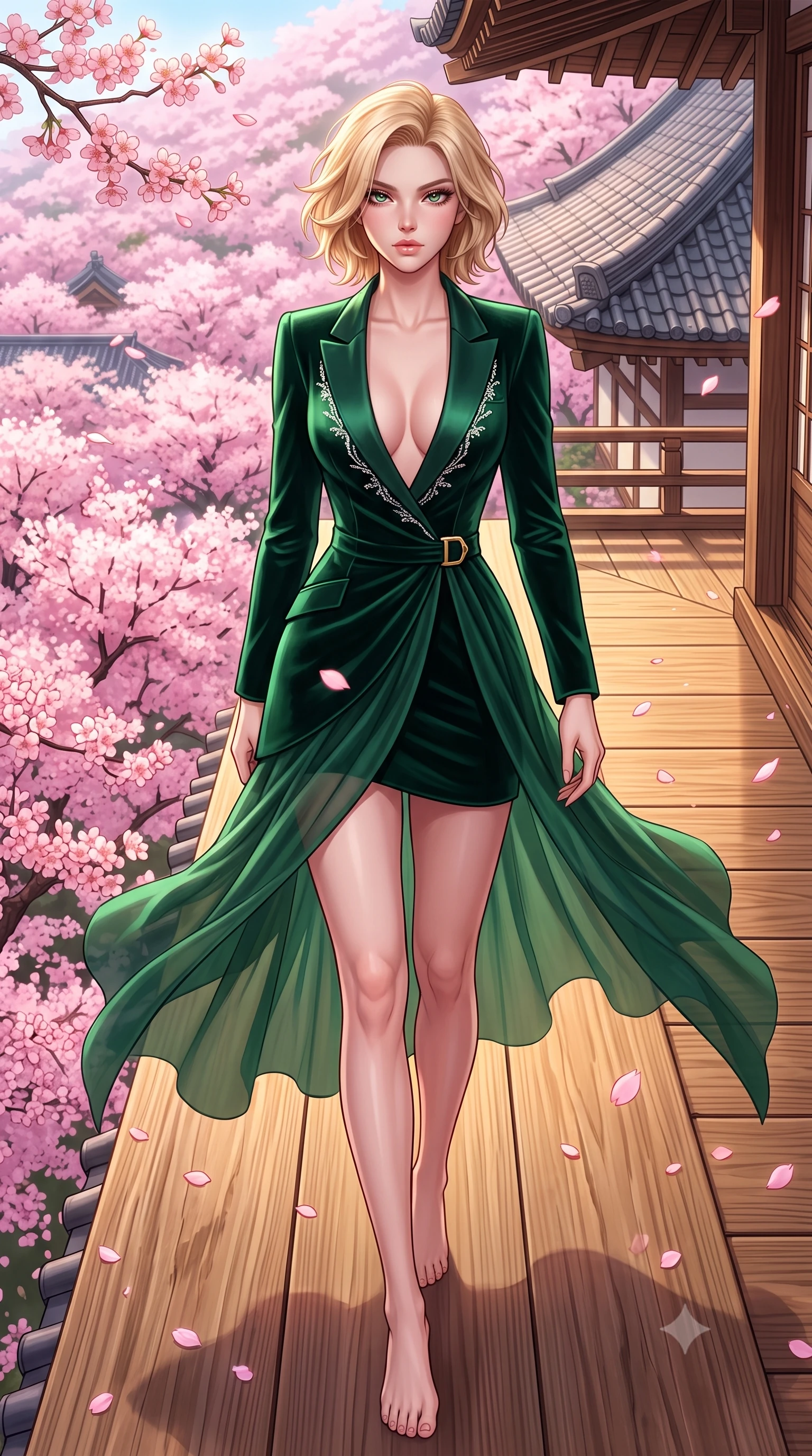 score_9, masterpiece, best quality, ultra-detailed, high-budget anime keyframe, semi-realistic 3D game render, editorial fashion photography, tasteful artistic composition, Caucasian woman. low angle full-body shot from head to toe showing her feet, filling the entire 9:16 vertical frame with her statuesque presence, stretching her vertical silhouette. striding forward in a proud supermodel runway stride, hips swaying in an alluring kinetic rhythm that accentuates her curvy hourglass silhouette while standing on the monumental 13-meter high cantilevered timber stage, arching her back as a vast sea of blooming pink cherry blossoms billows below. The surrounding environment is rendered in vivid detail and crisp panoramic clarity. sharp weathered Japanese cypress plank grain, falling cherry blossom petal veins, and temple roof tile geometry in deep focus. She has an exceptionally tall and slender model-like 8.5-heads proportion, an ultra-slim waist, a flat toned midriff, narrow delicate ribcage, and beautifully sculpted feminine hips creating a graceful, slim hourglass silhouette without any bulky heaviness, with impossibly long slender legs. sharp v-shaped jawline, high-bridge nose, intricate jewel-like eyes with depth, thick eyelashes, glossy parted lips with a natural sheen, intensely captivating and seductive bedroom-eyes expression, flawlessly proportioned anatomical accuracy, strict slender model proportions, natural body alignment, perfectly sculpted long slender limbs, ultra-slim waistline, clean dynamic posture without body distortion. wearing a tailored velvet tuxedo jacket dress with satin lapels, worn with a deep plunge neckline and gold hip buckle in deep emerald green satin and gold hardware, woven from layered gossamer chiffon with a weightless sweeping drape, finished with delicate crystal frost embroidery tracing the plunging neckline, the form-contouring material adhering flawlessly to her sculpted flat midriff and slender torso, emphasizing her long leg lines and perfectly proportioned willowy build. illuminated by warm wooden deck bounce light sculpting her razor-sharp jawline, narrow waist, and curvy hips. highly saturated vibrant anime colors, detailed shading with soft gradients, rich glossy textures, high-contrast stereoscopic depth, volumetric dynamic lighting, master piece, 9:16 ratio
