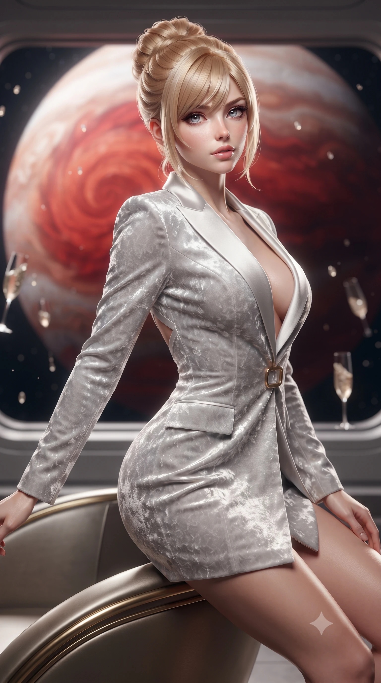 score_9, masterpiece, best quality, ultra-detailed, high-budget anime keyframe, editorial fashion photography, tasteful artistic composition, Caucasian woman. close-up cowboy shot from the waist and thighs up, the character dominates the composition, filling the frame with her large presence. twisting her slender torso in a deep contrapposto stance, hips dramatically shifted to accentuate her feminine curves while looking past her shoulder with smoldering bedroom-eyes while perching on the rim of a curved titanium-and-brass art deco lounger, arching her lower back as the colossal crimson swirl of Jupiter's Great Red Spot fills the panoramic viewport. The composition keeps background elements in soft focus with creamy bokeh. floating zero-gravity champagne droplets and sleek cruiser bulkhead ribs softened in glamorous sci-fi shallow focus. She has an exceptionally elegant, slender, and willowy female figure with an ultra-slim waist, flat toned midriff, narrow ribcage, and sculpted feminine hips creating an alluring, slim hourglass silhouette without bulk. sharp v-shaped jawline, high-bridge nose, intricate jewel-like eyes with depth, thick eyelashes, glossy parted lips with a natural sheen, intensely captivating and seductive bedroom-eyes expression, flawlessly proportioned anatomical accuracy, strict slender model proportions, natural body alignment, perfectly sculpted long slender limbs, ultra-slim waistline, clean dynamic posture without body distortion. wearing a tailored velvet tuxedo jacket dress with satin lapels, worn with a deep plunge neckline and gold hip buckle in shimmering silver mercury and pearl white, crafted from heavyweight crushed silk velvet with liquid vintage luster, finished with criss-cross back satin straps highlighting her graceful shoulder blades, the glove-like aerodynamic silhouette tightly following the natural contour of her hips and long slender legs with statuesque 8.5-heads elegance. illuminated by crisp directional star shine sharply defining her sculpted collarbones, ultra-slim waist, and curvy hips. ultra-reflective glossy finish, specular highlights, rich textural contrasts, high-contrast stereoscopic depth, volumetric dynamic lighting, 2k, ultra detail, master piece, 9:16 ratio