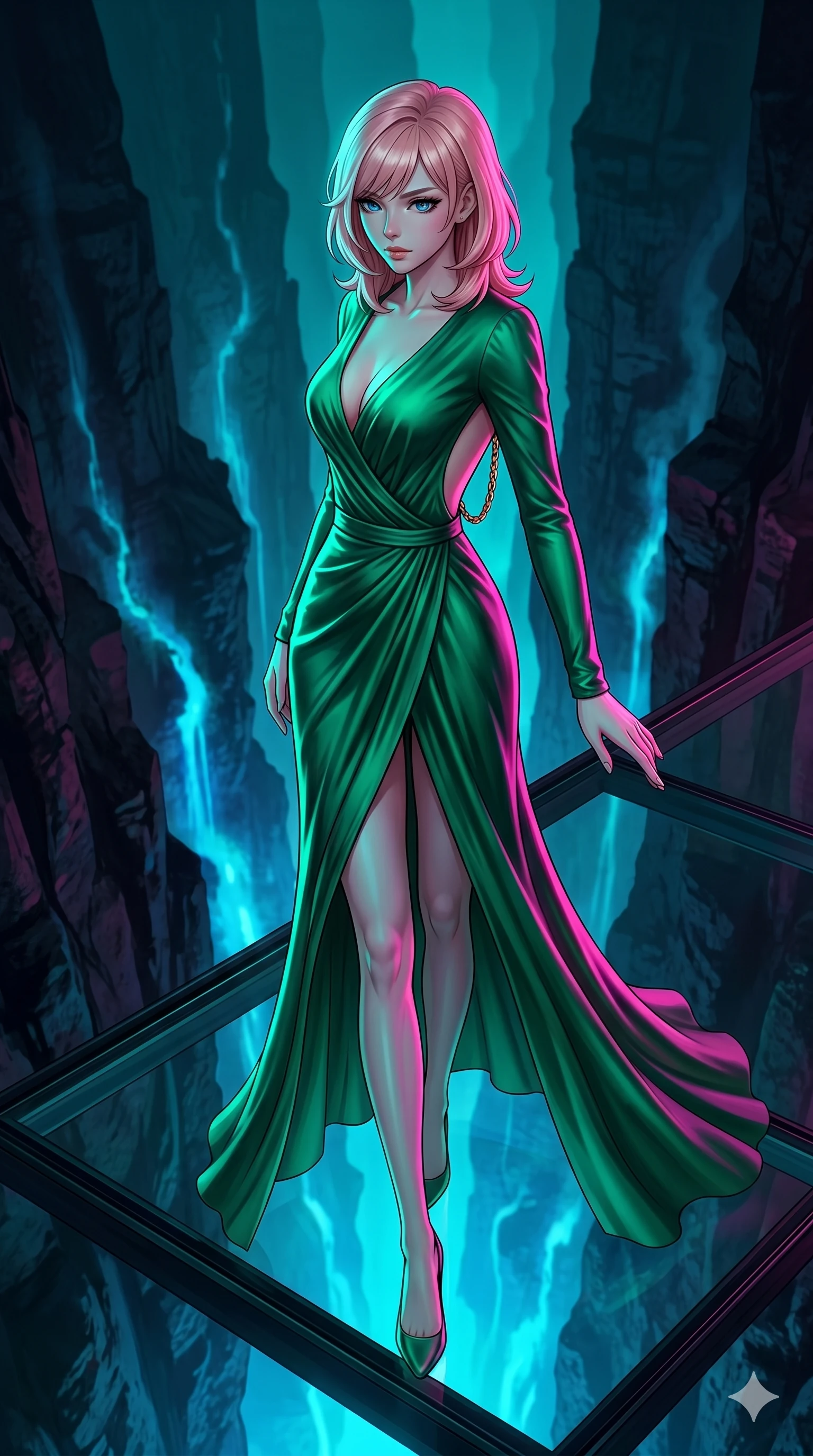 score_9, masterpiece, best quality, ultra-detailed, high-budget anime keyframe, editorial fashion photography, tasteful artistic composition, Japanese woman. low angle full-body shot from head to toe showing her feet, filling the entire 9:16 vertical frame with her statuesque presence, stretching her vertical silhouette. Descending like royalty with one hand trailing behind her on a platform of dark glass suspended above a canyon of glowing blue thermal vents. She has an absolutely perfect 8-heads proportion, an exceptionally tall and slender female figure with impossibly long slender legs and an ultra-slim waist. V-shaped jawline, high-bridge nose, intricate jewel-like eyes with depth, thick eyelashes, glossy lips with a natural sheen. wearing an emerald green silk wrap gown with a deep V-neck, long sleeves, and a low open-back design held by a single gold chain. under intense neon teal and magenta split-lighting creating vivid chromatic contrast on her figure. 2k, ultra detail, master piece, 9:16 ratio