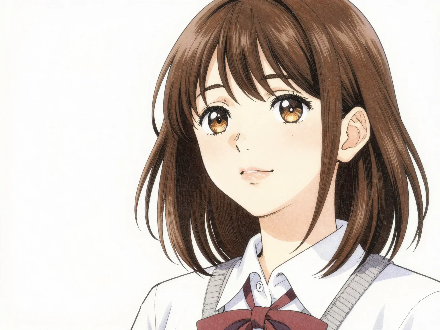 A Japanese female idol with brown hair, wearing a school uniform, viewed from a low angle. The atmosphere is ethereal and slightly melancholic, with a gentle smile and highly detailed line art.