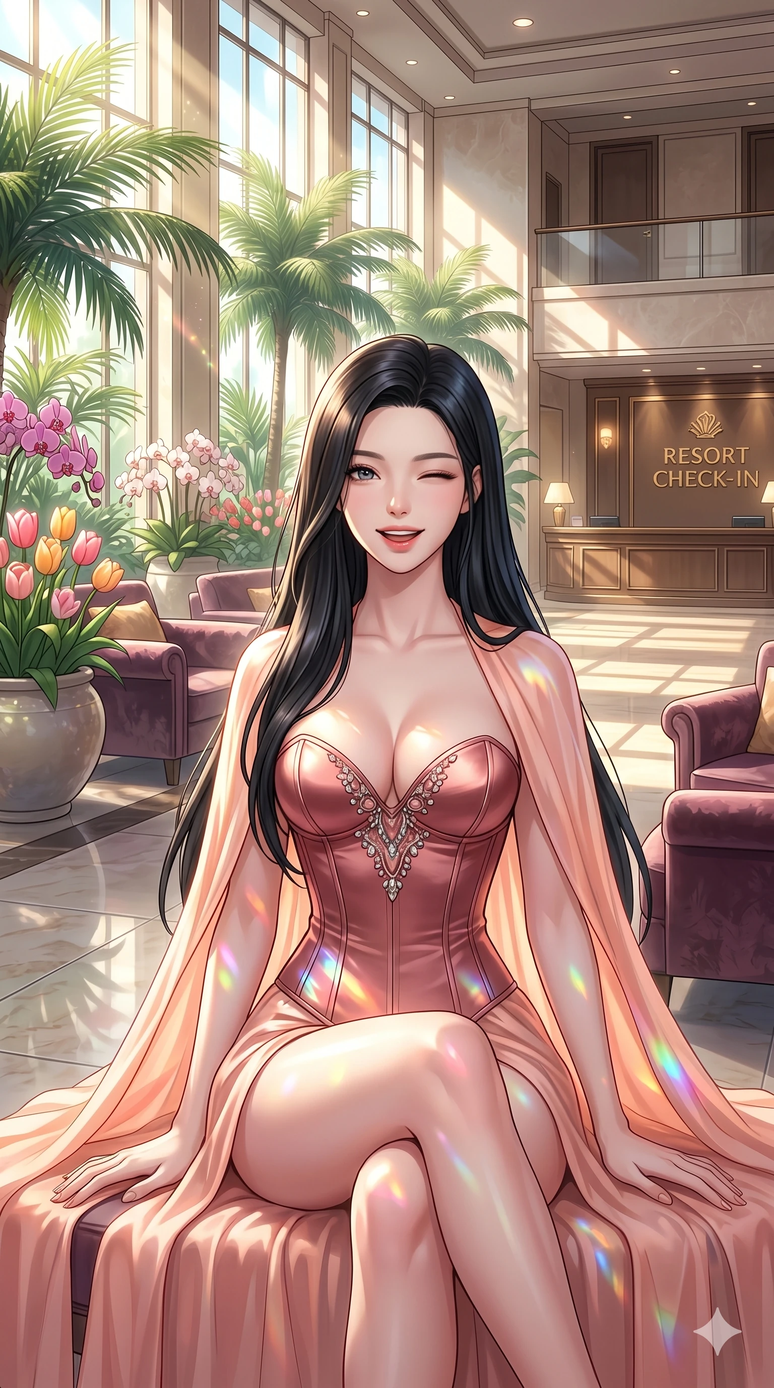 score_9, masterpiece, best quality, ultra-detailed, high-budget anime keyframe, vibrant anime aesthetic, Korean woman. cowboy shot from the thighs up, character and outfit filling the frame for maximum presence. She is sitting in a sunlit lounge, winking with a cheerful and lively expression by a resort lobby with an indoor palm garden (Code-P20-141). She has an absolutely perfect 8-heads proportion, an exceptionally tall and slender female figure with impossibly long slender legs and an ultra-slim waist. V-shaped jawline, high-bridge nose, intricate jewel-like eyes with depth, thick eyelashes, glossy lips with a natural sheen. wearing a structured satin corset showing her cleavage and a sheer cape in the sun. She is lit by bright sunbeams reflecting off spring flowers, casting colorful highlights. 2k, ultra detail, master piece, 9:16 ratio