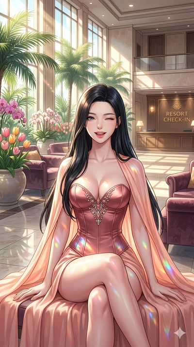score_9, masterpiece, best quality, ultra-detailed, high-budget anime keyframe, vibrant anime aesthetic, Korean woman. cowboy shot from the thighs up, character and outfit filling the frame for maximum presence. She is sitting in a sunlit lounge, win