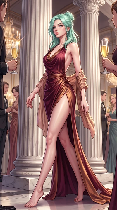 score_9, masterpiece, best quality, ultra-detailed, high-budget anime keyframe, semi-realistic 3D game render, editorial fashion photography, tasteful artistic composition, Japanese woman. low angle full-body shot from head to toe showing her feet, f