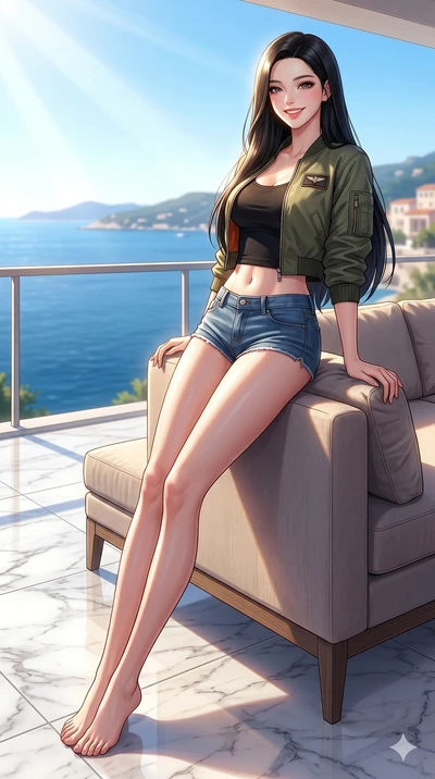 score_9, masterpiece, best quality, ultra-detailed, high-budget anime keyframe, vibrant anime aesthetic, Korean woman. low angle full-body shot from head to toe showing her feet, filling the entire 9:16 vertical frame with her statuesque presence, st