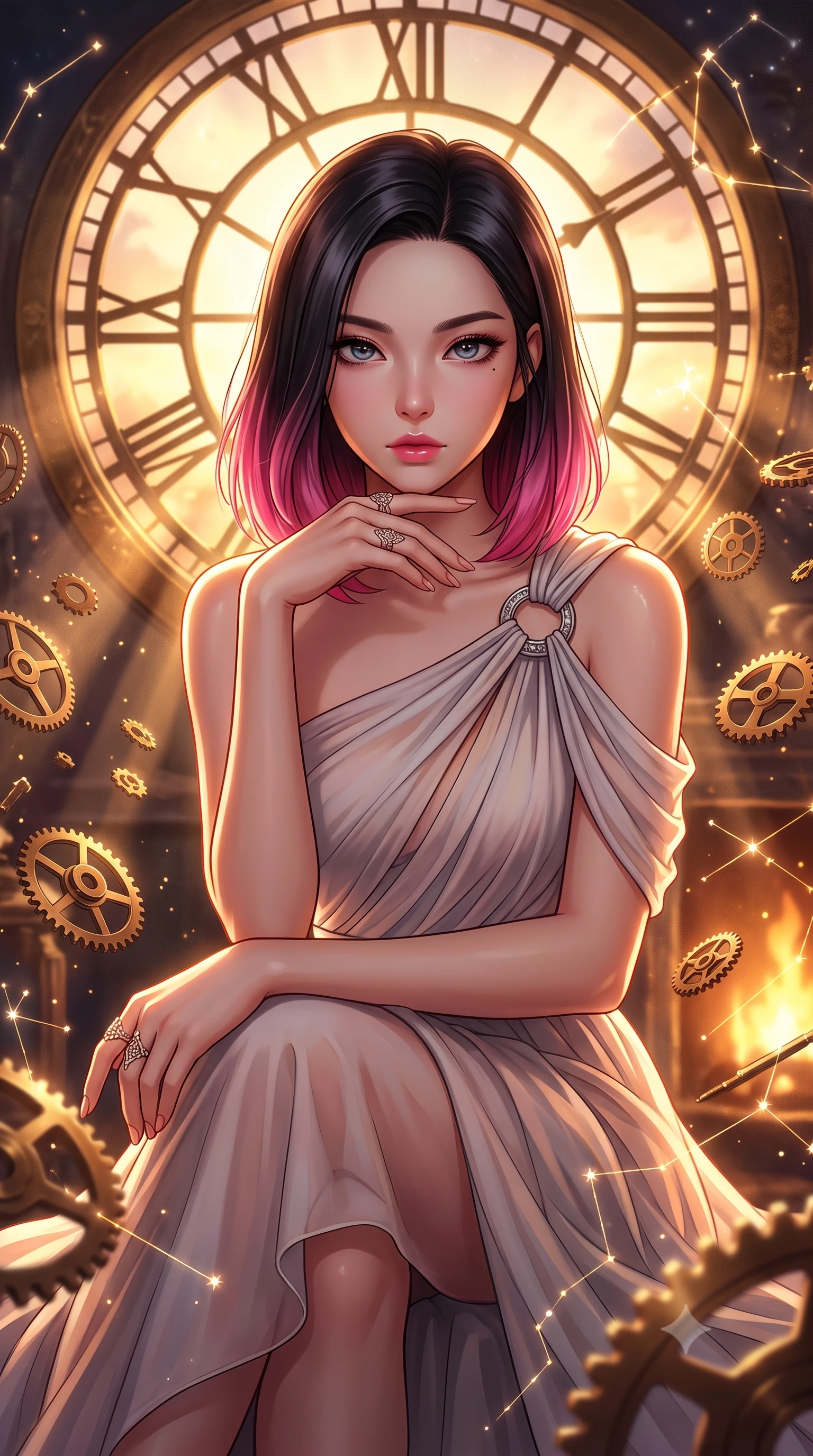 score_9, masterpiece, best quality, ultra-detailed, high-budget anime keyframe, editorial fashion photography, tasteful artistic composition, Korean woman. close-up cowboy shot from the waist and thighs up, the character dominates the composition, filling the frame with her large presence, background elements kept in soft focus. Resting her chin on the backs of her fingers, casting a sharp, mysterious gaze navigating a blizzard of floating analog gear parts and glowing star maps, dramatic twilight amber light streaming through the giant clock window. She has an exceptionally elegant, slender, and willowy female figure with an ultra-slim waist, a gracefully sculpted slender torso, and a refined silhouette. sharp v-shaped jawline, high-bridge nose, intricate jewel-like eyes with depth, thick eyelashes, glossy lips with a natural sheen. wearing an elegant Grecian draped chiffon gown with an asymmetrical shoulder strap and ring detail, the sleek second-skin texture accentuating her magnetic presence. surrounded by warm hearth light and dramatic bronze rim highlights. highly saturated vibrant anime colors, detailed shading with soft gradients, rich glossy textures, high-contrast stereoscopic depth, volumetric dynamic lighting, master piece, 9:16 ratio