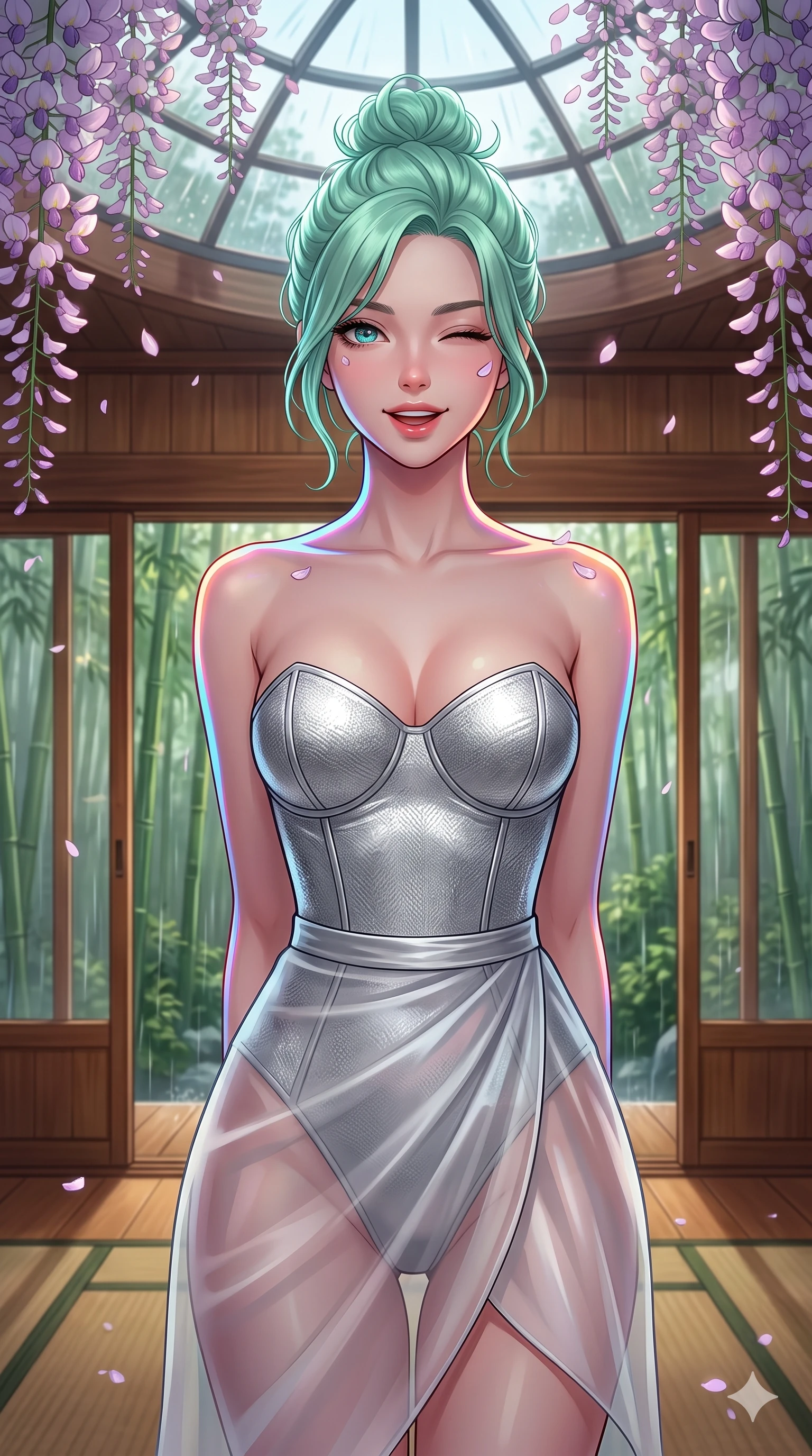 score_9, masterpiece, best quality, ultra-detailed, high-budget anime keyframe, vibrant anime aesthetic, Japanese woman. close-up cowboy shot from the waist and thighs up, the character dominates the composition, filling the frame with her large presence, background elements kept in soft focus. She is standing under wisteria vines, winking with a cheerful and lively face, looking directly into the lens surrounded by delicate flower petals. the background shows a soft-focus warm, wood-paneled tea house veranda with large sliding glass doors facing a rain-swept bamboo garden (Code-P22-191). She has an absolutely perfect proportion, an exceptionally elegant and slender female figure with an ultra-slim waist. V-shaped jawline, high-bridge nose, intricate jewel-like eyes with depth, thick eyelashes, glossy lips with a natural sheen. wearing a structured textured bodice with a sweetheart neckline and a translucent chiffon wrap skirt in silver metallic and translucent gloss. She is lit by vibrant twilight sky reflections, tracing her shoulders and neckline, outlining her elegant silhouette under the glass dome roof. 2k, ultra detail, master piece, 9:16 ratio