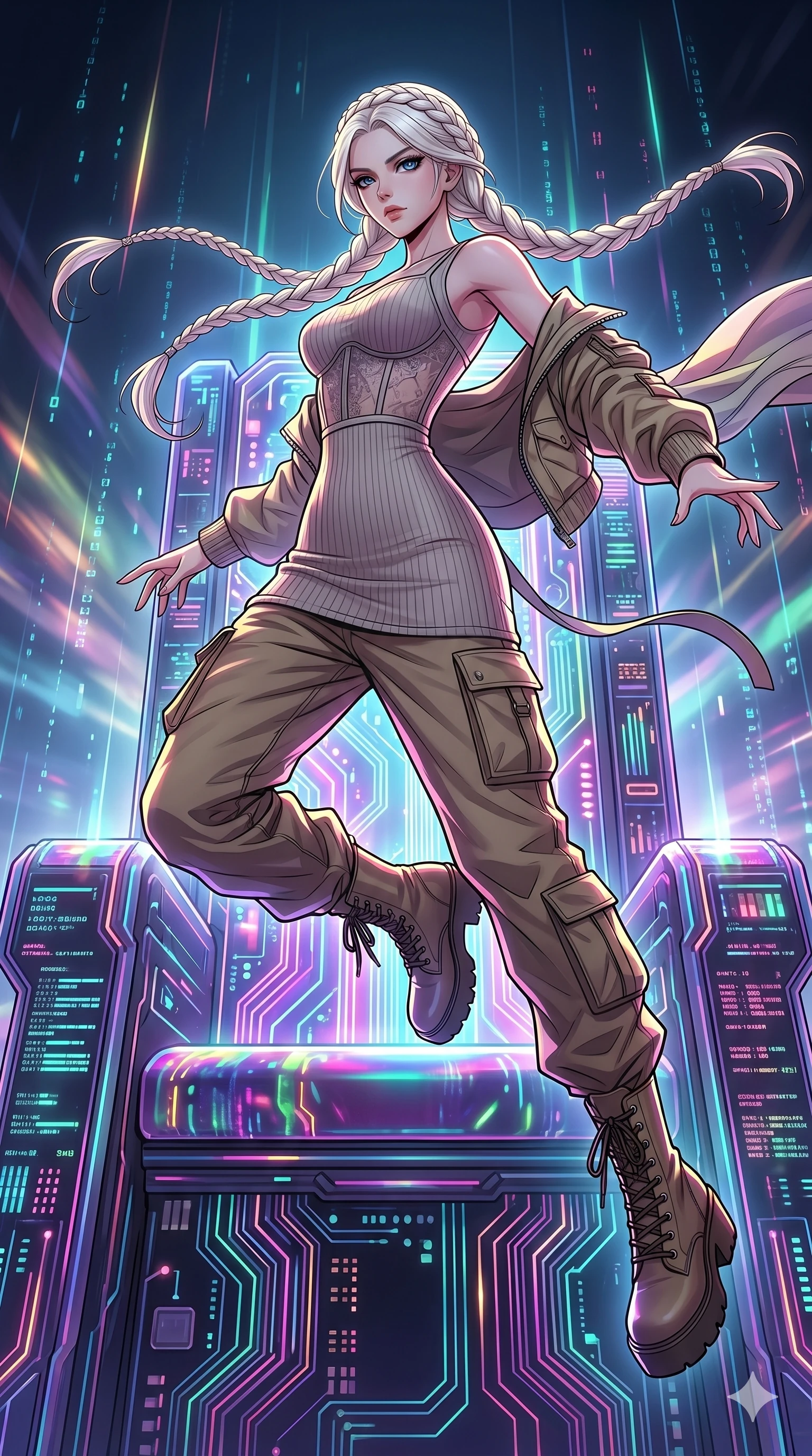 score_9, masterpiece, best quality, ultra-detailed, high-budget anime movie keyframe, cinematic anime lighting, intricate line art, Caucasian (strictly human ears) woman. Dynamic full-body shot stretching the vertical silhouette with extreme perspective. leaping over a giant logic-board throne as it pulses with power. She has an absolutely perfect 8-heads proportion, an exceptionally tall and slender female figure with an ultra-slim waist and impossibly long slender legs. strictly human anatomy, two legs only, no extra limbs, clearly defined legs and arms, perfect anatomy, perfect hands and fingers. sharp v-shaped jawline, high-bridge nose, intricate jewel-like eyes, thick eyelashes, glossy lips. Wearing Urban Trendsetter: Ribbed bodycon dress, crop top with high-waist denim, and sheer corset with cargo pants. The scene is illuminated by dramatic atmospheric lighting and vibrant color palettes. , 2k, ultra detail, master piece, 9:16 ratio
