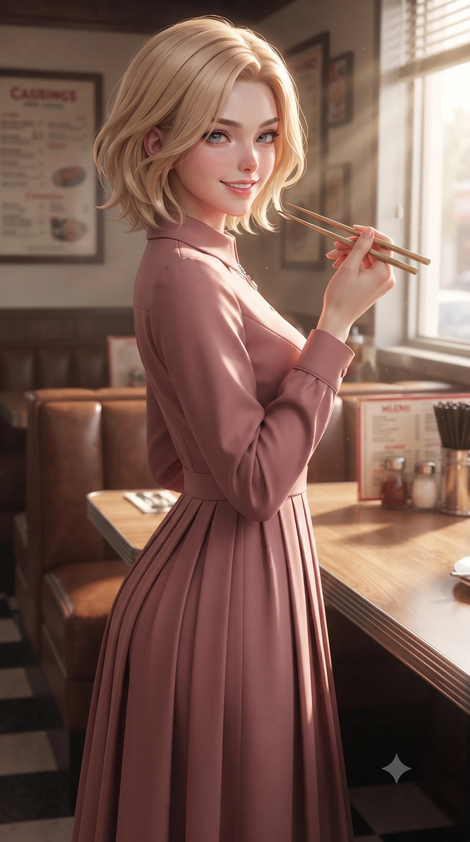score_9, masterpiece, best quality, ultra-detailed, high-budget anime keyframe, editorial fashion photography, tasteful artistic composition, Caucasian woman. close-up cowboy shot from the waist and thighs up, the character dominates the composition, filling the frame with her large presence, background elements kept in soft focus. smiling with a playful and cute half-smile, glancing sidelong over her shoulder set against a soft-focus background of in a cozy traditional diner corner with leather booths and vintage menus holding a pair of chopsticks with a cute, excited look before eating. She has an exceptionally elegant, slender, and willowy female figure with an ultra-slim waist, a gracefully sculpted slender torso, and a refined silhouette. sharp v-shaped jawline, high-bridge nose, intricate jewel-like eyes with depth, thick eyelashes, glossy lips with a natural sheen. wearing tailored lovely long-sleeve midi dress in dusty rose, featuring a high collar and pleated skirt. crisp morning sun rays creating a fresh and energetic breakfast atmosphere. ultra-reflective glossy finish, specular highlights, metallic sheen, high-contrast stereoscopic depth, volumetric dynamic lighting, 2k, ultra detail, master piece, 9:16 ratio
