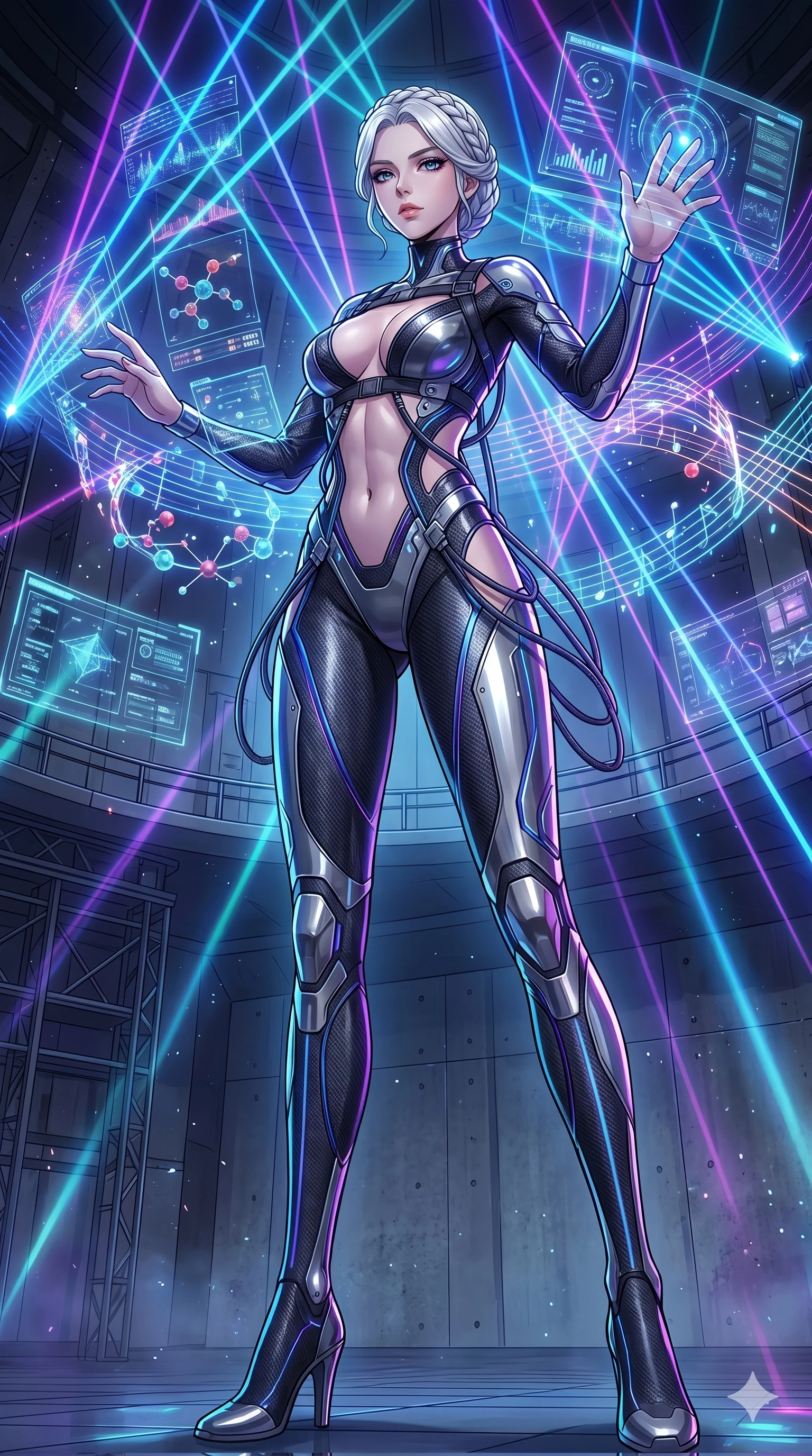 score_9, masterpiece, best quality, ultra-detailed, High-budget Anime Keyframe, vibrant colors, fluid line-art, expressive lighting, cinematic composition, Ufotable-style visual effects, top-tier animation quality, Korean woman with idol-like refined features. Low angle cowboy shot filling the entire 9:16 frame with her statuesque presence, looking up to emphasize her height. Orchestrating a complex symphony of laser lights and holographic projections in a grand futuristic concert hall. She has an absolutely perfect 8-heads proportion, an exceptionally tall and slender female figure with impossibly long slender legs and an ultra-slim waist, her statuesque height and towering silhouette dominating the vertical 9:16 frame. Her face is a masterpiece featuring a sharp v-shaped jawline, high-bridge nose, intricate jewel-like eyes with depth, thick eyelashes, and glossy lips with a natural sheen. She is wearing a Molten metal-look bodysuit with daring cut-outs and a high-cut silhouette crafted from Carbon-fiber weave with a high-tech matte finish and integrated glowing filaments, with an exposed midriff and a complex harness system that draws the eye. The scene is set in an underground rebel bunker with flickering holographic screens and tactical maps, illuminated by harsh neon light and deep shadows creating a high-contrast noir aesthetic. 2k, ultra detail, master piece, 9:16 ratio