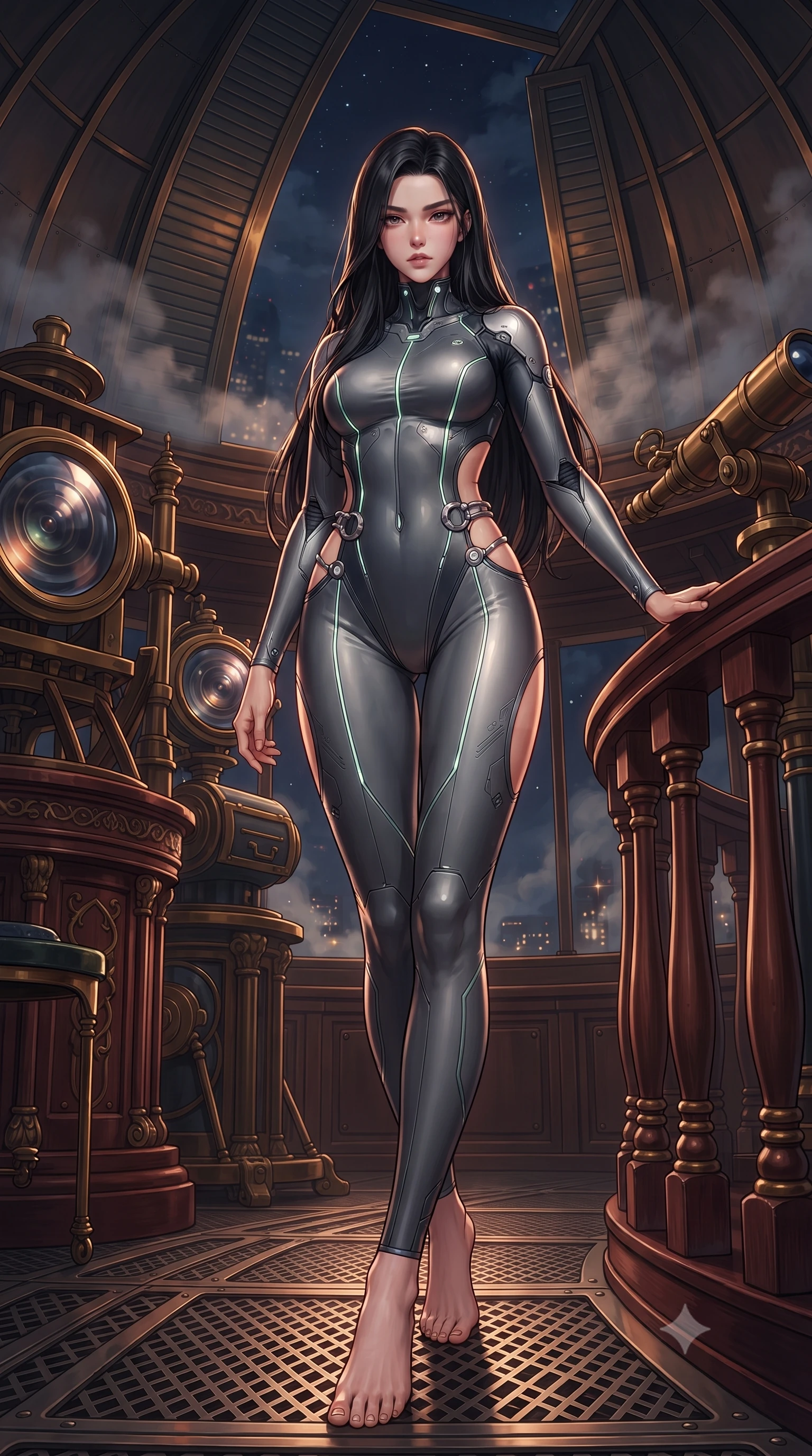 score_9, masterpiece, best quality, ultra-detailed, high-budget anime keyframe, editorial fashion photography, tasteful artistic composition, Korean woman. low angle full-body shot from head to toe showing her feet, filling the entire 9:16 vertical frame with her statuesque presence, stretching her vertical silhouette. stepping forward with proud posture, filling the vertical frame with her magnetic presence leaning against a vintage mahogany balustrade inside a mechanical observatory, distant starlight and city lights twinkling through steam clouds. She has an absolutely perfect, statuesque 8.5-heads proportion, an exceptionally tall and slender model-like female figure with impossibly long slender legs and an ultra-slim waist. sharp v-shaped jawline, high-bridge nose, intricate jewel-like eyes with depth, thick eyelashes, glossy lips with a natural sheen. wearing a skin-tight cybernetic bodysuit with glowing neon seams and side cutouts in charcoal grey and platinum, formed from sleek second-skin neoprene, accented with delicate chrome ring hardware framing her waist, the sleek second-skin texture accentuating her magnetic presence. bathed in warm twilight amber backlighting and rich metallic specular glow. highly saturated vibrant anime colors, detailed shading with soft gradients, rich glossy textures, high-contrast stereoscopic depth, volumetric dynamic lighting, master piece, 9:16 ratio