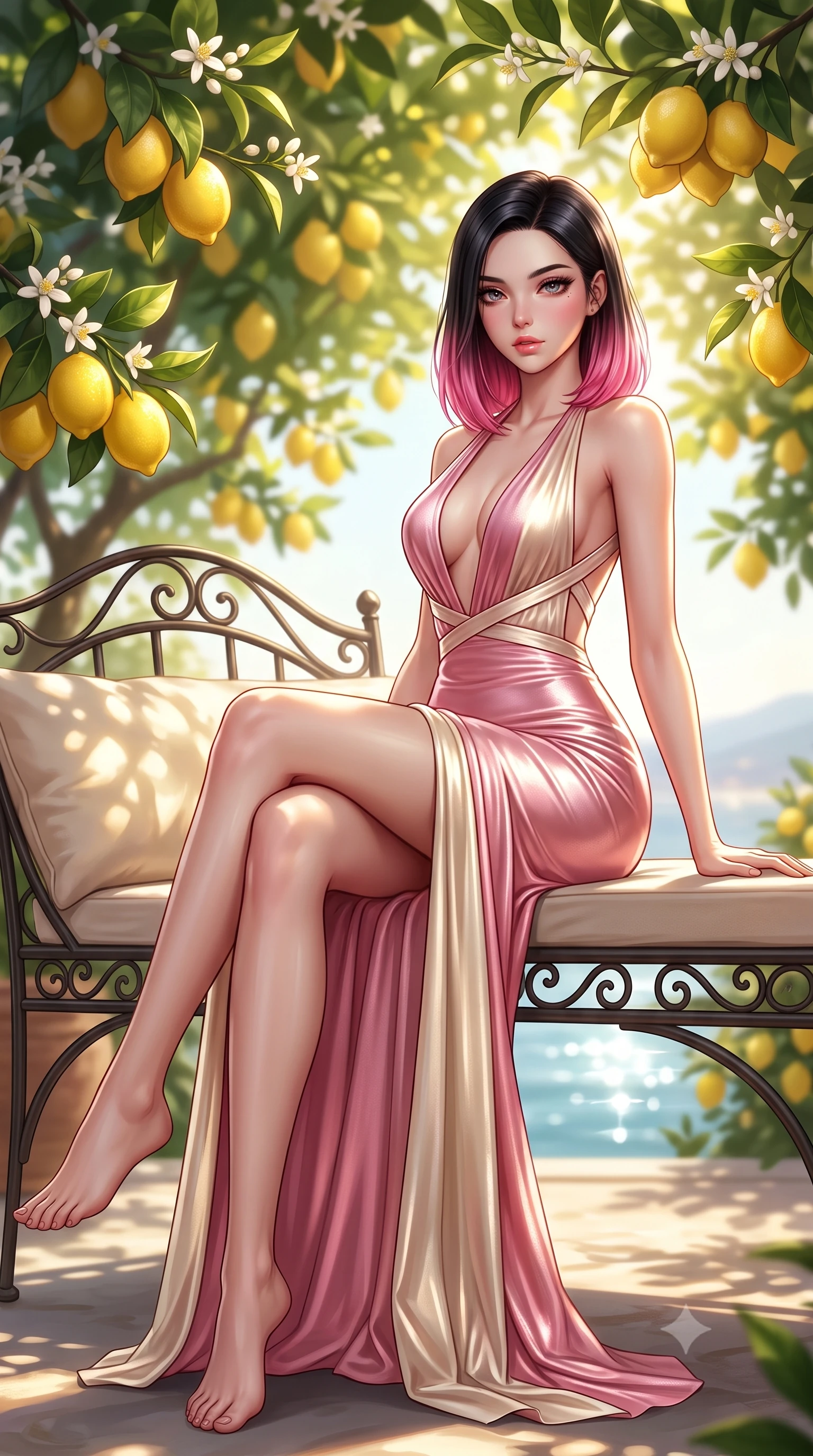 score_9, masterpiece, best quality, ultra-detailed, high-budget anime keyframe, semi-realistic 3D game render, editorial fashion photography, tasteful artistic composition, Korean woman. low angle full-body shot from head to toe showing her feet, filling the entire 9:16 vertical frame with her statuesque presence, stretching her vertical silhouette. sitting perched on the elevated edge with hips angled toward the camera and legs crossed, displaying her toned midriff and flawlessly sculpted slender limbs while reclining languidly across a wrought-iron sunbed under the leafy lemon canopy, her long slender legs and feminine curves bathed in dappled golden light. The composition keeps background elements in soft focus with creamy bokeh. clustering yellow lemons and fragrant white lemon blossoms softened in romantic Italian shallow focus. She has an exceptionally tall and slender model-like 8.5-heads proportion, an ultra-slim waist, a flat toned midriff, narrow delicate ribcage, and beautifully sculpted feminine hips creating a graceful, slim hourglass silhouette without any bulky heaviness, with impossibly long slender legs. sharp v-shaped jawline, high-bridge nose, intricate jewel-like eyes with depth, thick eyelashes, glossy parted lips with a natural sheen, intensely captivating and seductive bedroom-eyes expression, flawlessly proportioned anatomical accuracy, strict slender model proportions, natural body alignment, perfectly sculpted long slender limbs, ultra-slim waistline, clean dynamic posture without body distortion. wearing a plunging halter-neck metallic lamé column dress with a dramatic bare spine and hip-defining ruching in sakura blossom pink and warm ivory, tailored from liquid silk jersey adhering flawlessly to her slender build, finished with criss-cross back satin straps highlighting her graceful shoulder blades, the liquid-tight tailored fabric clinging flawlessly to her narrow waist and rounded feminine hips, emphasizing every millimeter of her sculpted slim hourglass curves without any bulky heaviness. illuminated by intense specular sea surface glints defining her sculpted collarbones, narrow waist, and curvy hips. highly saturated vibrant anime colors, detailed shading with soft gradients, rich glossy textures, high-contrast stereoscopic depth, volumetric dynamic lighting, master piece, 9:16 ratio
