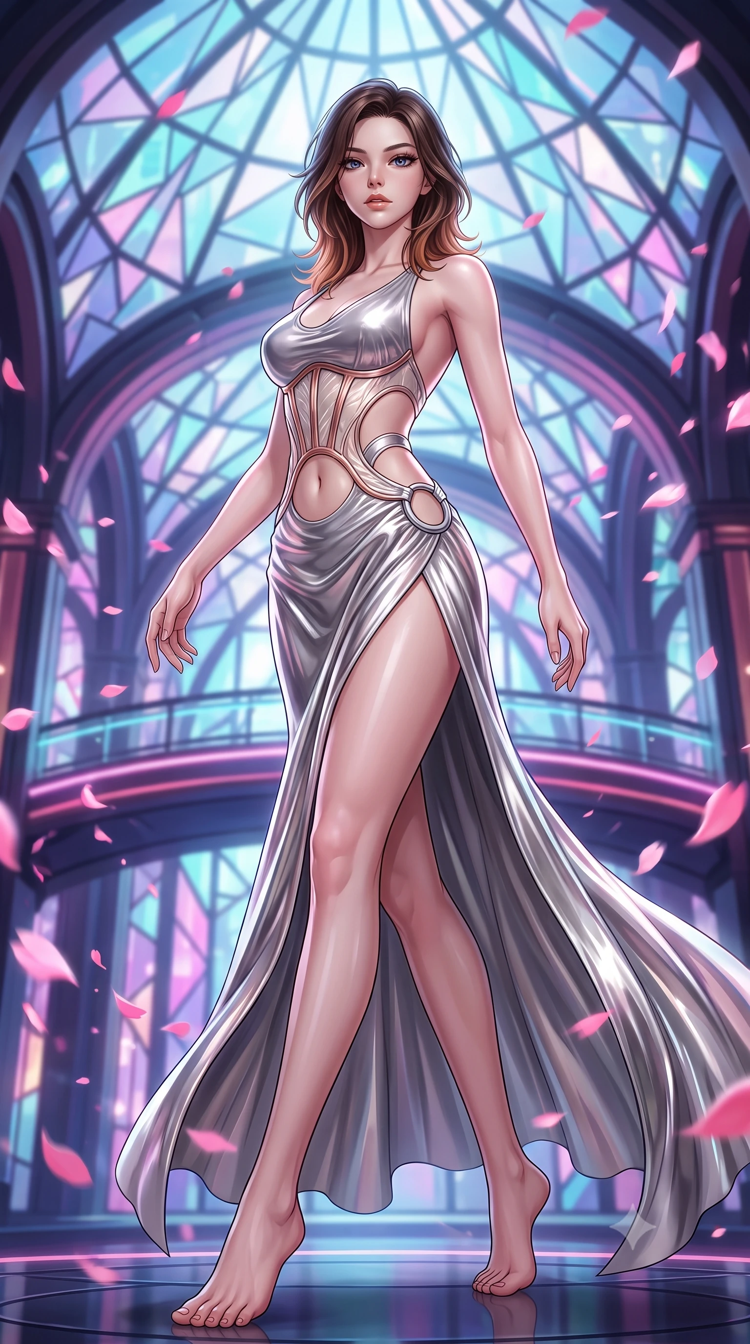 score_9, masterpiece, best quality, ultra-detailed, high-budget anime keyframe, semi-realistic 3D game render, editorial fashion photography, tasteful artistic composition, Korean woman. low angle full-body shot from head to toe showing her feet, filling the entire 9:16 vertical frame with her statuesque presence, stretching her vertical silhouette. pivoting dynamically in mid-motion with a breathtakingly alluring posture, displaying her flawless model proportions, toned flat midriff, and ultra-slim waist while striding gracefully beneath a soaring geometric cybernetic stained-glass dome as glowing pink digital sakura petals swirl around her. The composition keeps background elements in soft focus with creamy bokeh. traditional futuristic lacquered arches and neon bridges softened by shallow cinematic depth of field. She has an absolutely perfect, statuesque 8.5-heads proportion, an exceptionally tall and slender model-like female figure with impossibly long slender legs, a toned flat midriff, and an ultra-slim waist. sharp v-shaped jawline, high-bridge nose, intricate jewel-like eyes with depth, thick eyelashes, glossy lips with a natural sheen, flawlessly proportioned anatomical accuracy, strict slender model proportions, natural body alignment, perfectly sculpted long slender limbs, ultra-slim waistline, clean dynamic posture without body distortion. wearing a backless molten silver liquid-metal gown with a high-cut side slit and precision-fitted waist boning in sculpted rose gold and luminescent champagne ivory, tailored from semi-translucent cybernetic vinyl with glowing micro-filaments, detailed with polished silver rings connecting the daring side-waist cutouts, the precision-cut daring openings accentuating her delicate midriff, graceful bare collarbones, and ultra-slim feminine waistline. surrounded by an exotic, romantic, and breathtakingly stylish cyber-goddess aura. rich saturated anime colors with glowing neon highlights, detailed shading with soft gradients, rich glossy textures, high-contrast stereoscopic depth, volumetric dynamic lighting, master piece, 9:16 ratio