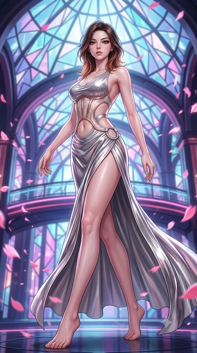 score_9, masterpiece, best quality, ultra-detailed, high-budget anime keyframe, semi-realistic 3D game render, editorial fashion photography, tasteful artistic composition, Korean woman. low angle full-body shot from head to toe showing her feet, fil