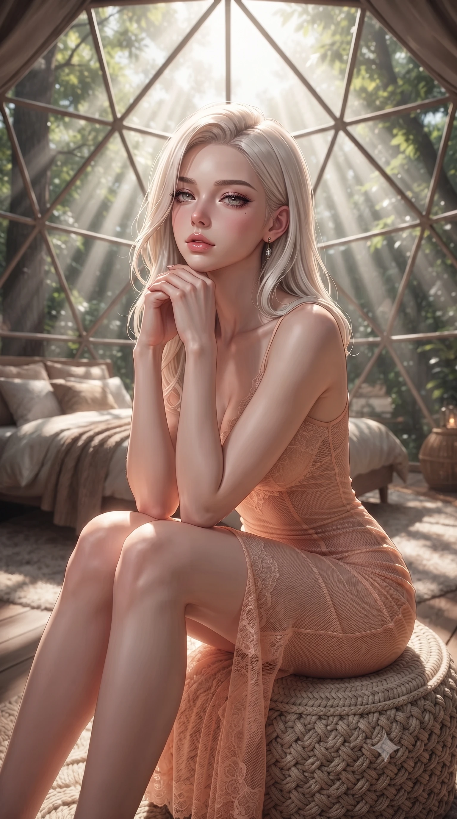 score_9, masterpiece, best quality, ultra-detailed, high-budget anime keyframe, editorial fashion photography, tasteful artistic composition, Caucasian woman. close-up cowboy shot from the waist and thighs up, the character dominates the composition, filling the frame with her large presence, background elements kept in soft focus. resting her chin on the backs of her fingers, casting a heavy-lidded, sultry look past the camera the background shows a soft-focus the interior of a treehouse glamping dome high in the canopy of a forest. She has an exceptionally elegant, slender, and willowy female figure with an ultra-slim waist, a gracefully sculpted slender torso, and a refined silhouette. sharp v-shaped jawline, high-bridge nose, intricate jewel-like eyes with depth, thick eyelashes, glossy lips with a natural sheen. wearing a form-contouring semi-transparent mesh dress in peach, contouring her slender silhouette with delicate lace detailing. sun rays slicing through the tree leaves, creating dramatic volumetric shafts of light. ultra-reflective glossy finish, specular highlights, metallic sheen, high-contrast stereoscopic depth, volumetric dynamic lighting, 2k, ultra detail, master piece, 9:16 ratio