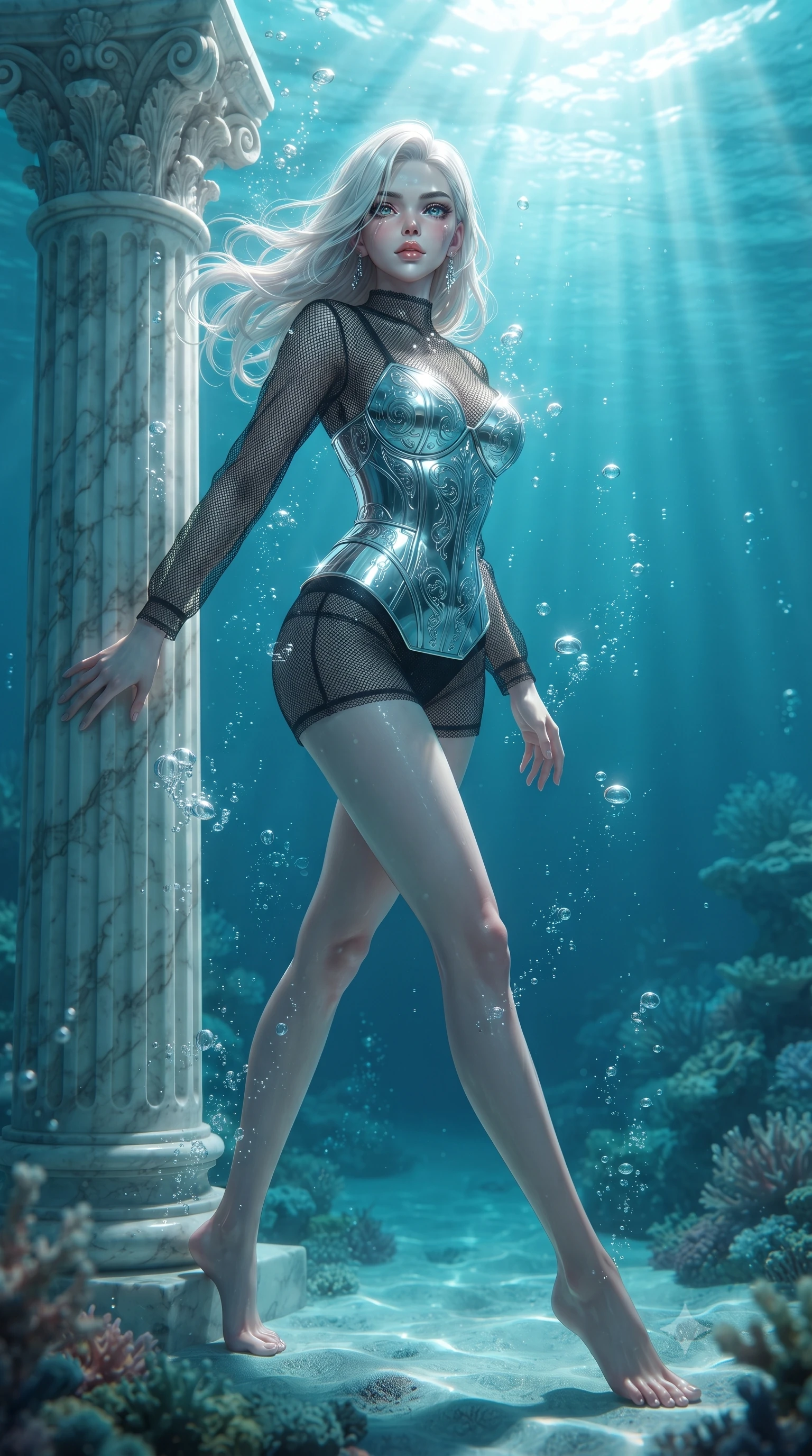 score_9, masterpiece, best quality, ultra-detailed, high-budget anime keyframe, editorial fashion photography, tasteful artistic composition, Caucasian woman. low angle full-body shot from head to toe showing her feet, filling the entire 9:16 vertical frame with her statuesque presence, stretching her vertical silhouette. forging dynamically through the scene, her vertical silhouette beautifully stretched resting against an antique marble pillar as gentle sea bubbles rise around her, gentle ocean currents swaying her attire in fluid underwater motions. She has an absolutely perfect, statuesque 8.5-heads proportion, an exceptionally tall and slender model-like female figure with impossibly long slender legs and an ultra-slim waist. sharp v-shaped jawline, high-bridge nose, intricate jewel-like eyes with depth, thick eyelashes, glossy lips with a natural sheen. wearing a metallic chrome-plated structured bodice worn over a sheer mesh-textured top and micro-shorts, the glove-like fit emphasizing her statuesque silhouette. bathed in brilliant underwater sunbeams and soft turquoise caustic glow. ultra-reflective glossy finish, specular highlights, metallic sheen, high-contrast stereoscopic depth, volumetric dynamic lighting, 2k, ultra detail, master piece, 9:16 ratio