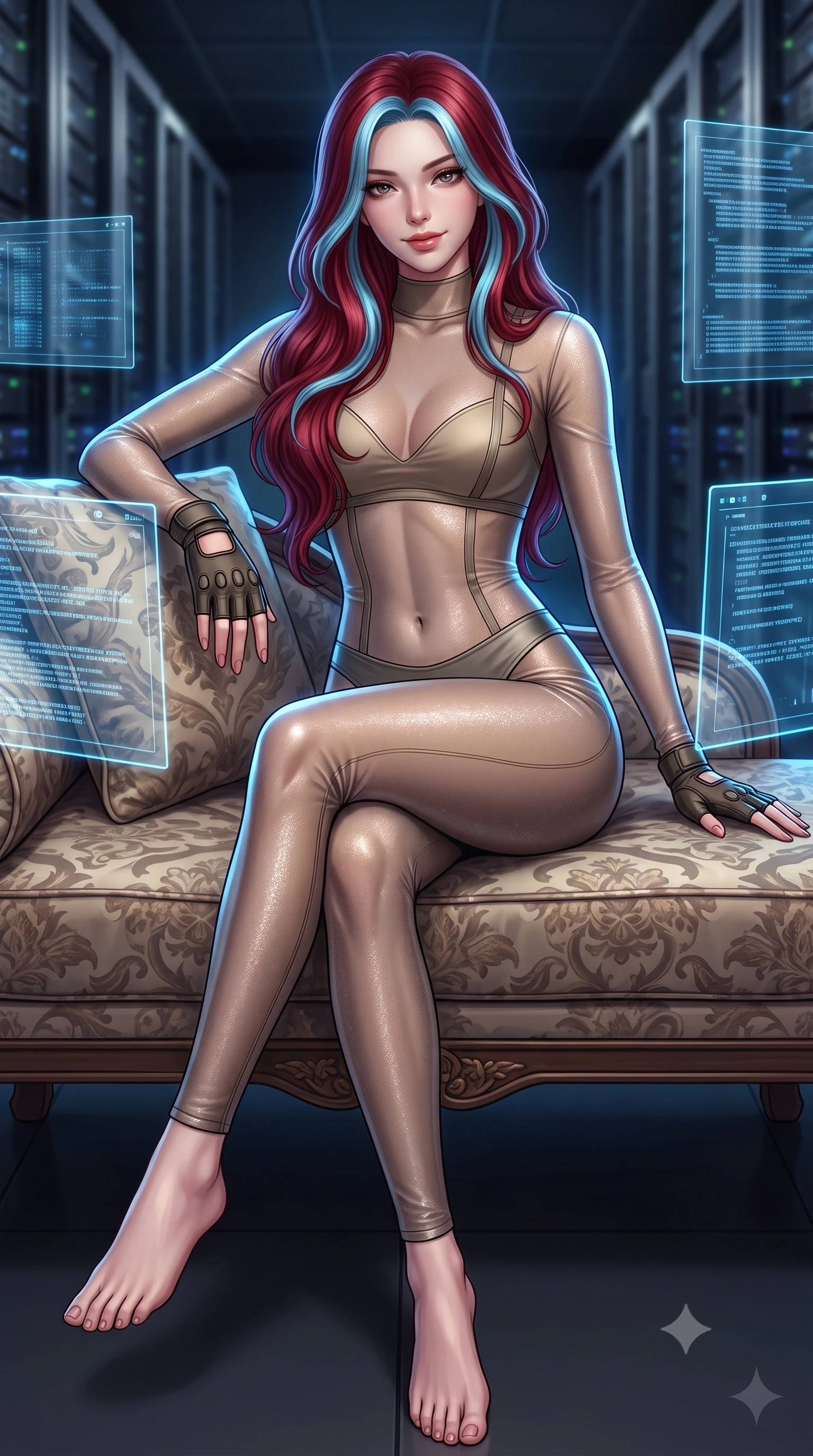 score_9, masterpiece, best quality, ultra-detailed, high-budget anime keyframe, semi-realistic 3D game render, editorial fashion photography, tasteful artistic composition, Caucasian woman. low angle full-body shot from head to toe showing her feet, filling the entire 9:16 vertical frame with her statuesque presence, stretching her vertical silhouette. lounging on the lavish daybed with legs crossed and hips angled toward the camera, displaying her toned midriff and long slender limbs with effortless siren poise while standing poised between transparent glass projection displays with hips cocked back, blue data streams illuminating her hourglass contours. The background shows a soft-focus dark server room columns softened in high-tech subterranean shallow focus. She has an absolutely perfect, statuesque 8.5-heads proportion, an exceptionally tall and slender model-like female figure with impossibly long slender legs, an ultra-slim waist, a flat toned midriff, narrow delicate ribcage, and beautifully sculpted feminine hips creating a graceful, slim hourglass silhouette without any bulky heaviness. sharp v-shaped jawline, high-bridge nose, sparkling eyes with hypnotic seductive depth, thick curled eyelashes, glossy parted lips with a natural dewy peach sheen, alluring bedroom-eyes with an enchanting coquettish smile, exuding magnetic siren charisma and sophisticated glamour, flawlessly proportioned anatomical accuracy, strict slender model proportions, natural body alignment, perfectly sculpted long slender limbs, ultra-slim waistline, clean dynamic posture without body distortion. wearing a provocative sheer illusion mesh tactical catsuit with reinforced seam tapes over matching satin briefs in tactical desert sand khaki and matte carbon grey, woven from stretch metallic lurex jersey casting radiant starlight glints across her silhouette, finished with fingerless matte leather tactical driving gloves with reinforced knuckles, the second-skin tailored fabric adhering flawlessly to her sculpted flat midriff and slender torso, emphasizing her long leg lines and perfectly proportioned willowy build. illuminated by server rack indicator bounce and sharp electric-blue rim lights sculpting her razor-sharp jawline, narrow waist, and curvy hips. highly saturated vibrant anime colors, detailed shading with soft gradients, rich glossy textures, high-contrast stereoscopic depth, volumetric dynamic lighting, master piece, 9:16 ratio