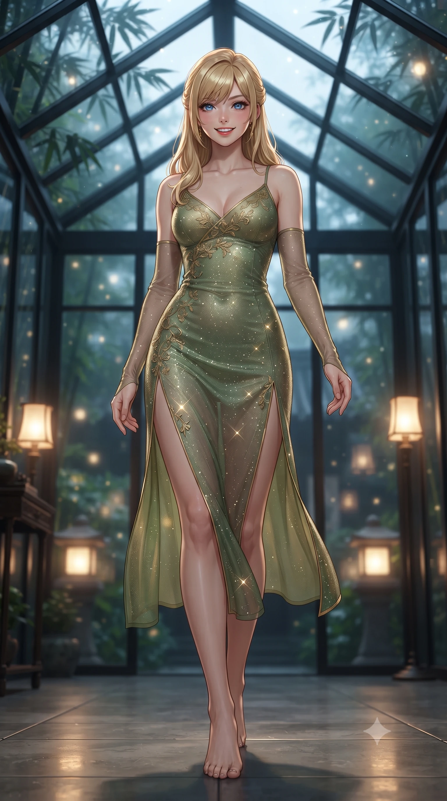 score_9, masterpiece, best quality, ultra-detailed, high-budget anime keyframe, editorial fashion photography, tasteful artistic composition, Caucasian woman. low angle full-body shot from head to toe showing her feet, filling the entire 9:16 vertical frame with her statuesque presence, stretching her vertical silhouette. stepping slowly toward the camera with hypnotic grace, hips swaying in an alluring sensual rhythm that accentuates her curvy hourglass silhouette and long slender legs while standing poised beneath the pitched glass roof of the private conservatory, arching her lower back as moonbeams dance through bamboo fronds. The background shows a soft-focus swaying black bamboo culms outside glass walls, glowing stone courtyard lanterns, and vintage Shanghai French villa rooflines blurred into jade, topaz, and indigo bokeh. She has an exceptionally tall and slender model-like 8.5-heads proportion, an ultra-slim waist, a flat toned midriff, narrow delicate ribcage, and beautifully sculpted feminine hips creating a graceful, slim hourglass silhouette without any bulky heaviness, with impossibly long slender legs. sharp v-shaped jawline, high-bridge nose, intricate jewel-like sparkling eyes with depth, thick eyelashes, glossy parted lips with a natural peach sheen, bright cheerful beaming smile with an enchanting and coquettish sensual glint, exuding both youthful cute charm and seductive allure, flawlessly proportioned anatomical accuracy, strict slender model proportions, natural body alignment, perfectly sculpted long slender limbs, ultra-slim waistline, clean dynamic posture without body distortion. wearing a gossamer sheer mesh slip dress with delicate gold embroidery and hip-high double side slits in Gion antique matcha green and gilded gold leaf, woven from stretch metallic lurex jersey casting radiant starlight glints across her curves, complemented by sheer opera-length evening gloves tracing her slender arms, the second-skin tailored fabric adhering flawlessly to her sculpted flat midriff and slender torso, emphasizing her long leg lines and perfectly proportioned willowy build. bathed in the moody warm 2300K glow of antique brass reading lamps mixed with silver moonlight through glass. ultra-reflective glossy finish, specular highlights, rich textural contrasts, high-contrast stereoscopic depth, volumetric dynamic lighting, 2k, ultra detail, master piece, 9:16 ratio