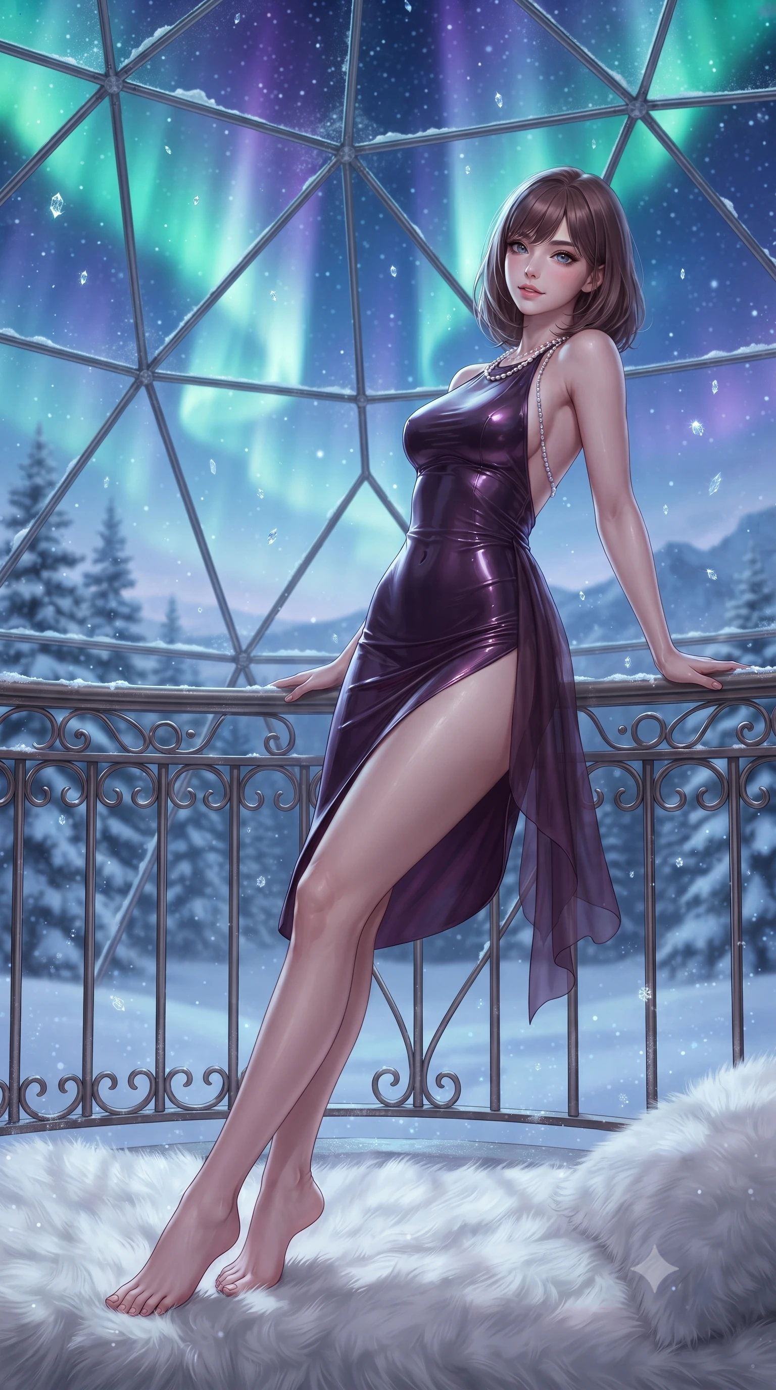 score_9, masterpiece, best quality, ultra-detailed, high-budget anime keyframe, editorial fashion photography, tasteful artistic composition, Caucasian woman. low angle full-body shot from head to toe showing her feet, filling the entire 9:16 vertical frame with her statuesque presence, stretching her vertical silhouette. leaning deep against the balcony balustrade with hips cocked back in an unapologetically alluring high-fashion stance, casting an intoxicating glance while reclining on the plush white faux-fur daybed under the heated glass geodesic dome, arching her back with breathtaking siren grace as green auroras dance overhead. The background shows a soft-focus pulsating emerald and violet aurora ribbons across the polar night sky, endless snow-laden pine forest, and glittering ice crystals blurred into celadon, violet, and silver bokeh. She has an absolutely perfect, statuesque 8.5-heads proportion, an exceptionally tall and slender model-like female figure with impossibly long slender legs, an ultra-slim waist, a flat toned midriff, narrow delicate ribcage, and beautifully sculpted feminine hips creating a graceful, slim hourglass silhouette without any bulky heaviness. sharp v-shaped jawline, high-bridge nose, sparkling eyes with hypnotic seductive depth, thick curled eyelashes, glossy parted lips with a natural dewy peach sheen, alluring bedroom-eyes with an enchanting coquettish smile, exuding magnetic siren charisma and sophisticated glamour, flawlessly proportioned anatomical accuracy, strict slender model proportions, natural body alignment, perfectly sculpted long slender limbs, ultra-slim waistline, clean dynamic posture without body distortion. wearing a slinky backless halterneck column mini dress in shimmering liquid vinyl clinging like a second skin in rich dark plum violet and gilded antique brass, made of sheer gossamer chiffon that drapes softly against skin with airy translucence, accented with a pearl-drop body harness subtly framing her dewy collarbones and spine, the high-slit wrap tailoring accentuating her ultra-slim waistline and the enchanting curve of her feminine hips with alluring seductive charm. illuminated by snowy ground reflection fill and sharp icy-platinum rim lights defining her razor-sharp jawline, narrow waist, and curvy hips. ultra-reflective glossy finish, specular highlights, rich textural contrasts, high-contrast stereoscopic depth, volumetric dynamic lighting, 2k, ultra detail, master piece, 9:16 ratio