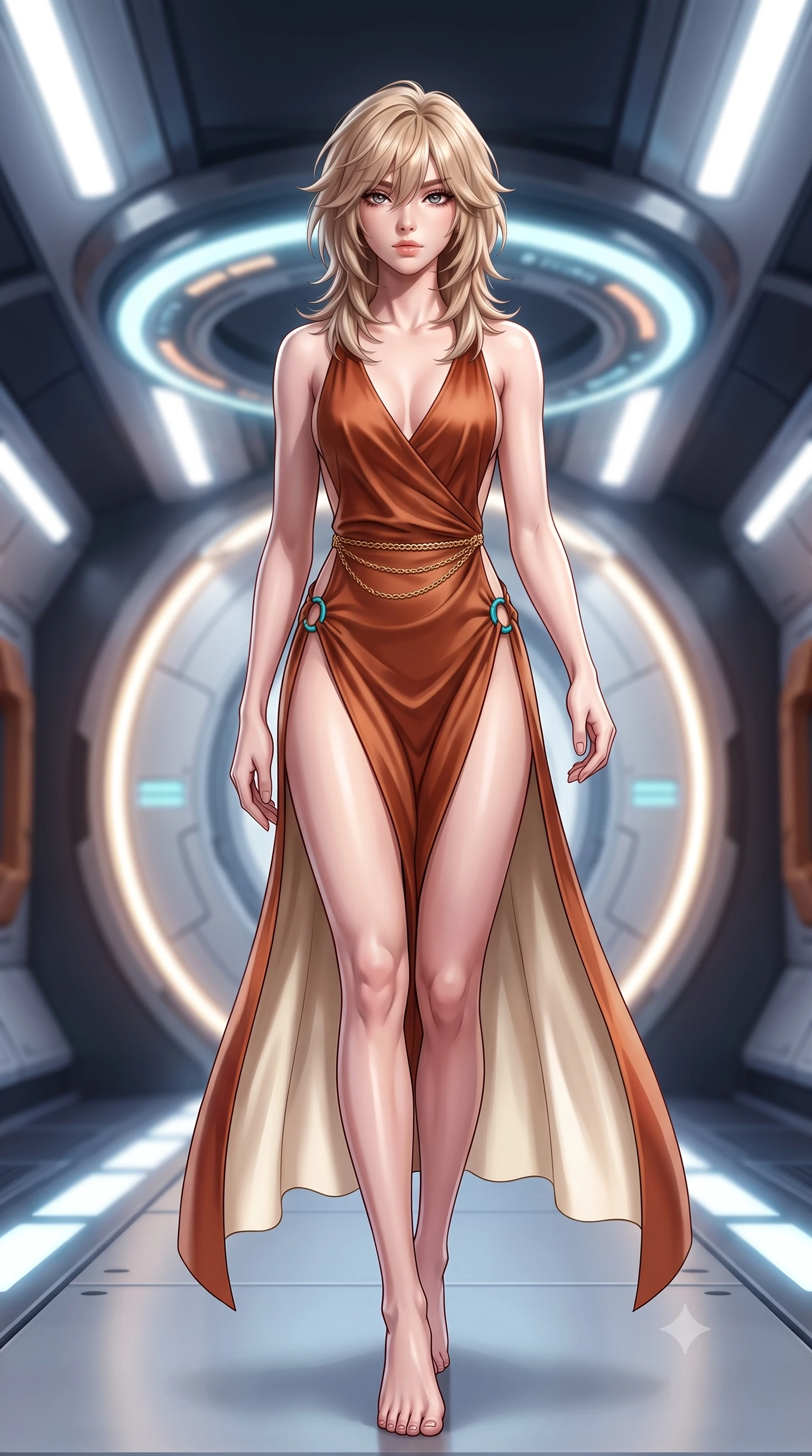 score_9, masterpiece, best quality, ultra-detailed, high-budget anime keyframe, semi-realistic 3D game render, editorial fashion photography, tasteful artistic composition, Japanese woman. low angle full-body shot from head to toe showing her feet, filling the entire 9:16 vertical frame with her statuesque presence, stretching her vertical silhouette. striding forward in a proud supermodel runway stride, hips swaying in an alluring kinetic rhythm that accentuates her curvy hourglass silhouette while pivoting gracefully along the illuminated orbital corridor, her liquid metallic garments clinging to her sculpted flat midriff and feminine hips. The composition keeps background elements in soft focus with creamy bokeh. sleek white space station bulkheads and glowing telemetry rings softened in futuristic shallow focus. She has an exceptionally tall and slender model-like 8.5-heads proportion, an ultra-slim waist, a flat toned midriff, narrow delicate ribcage, and beautifully sculpted feminine hips creating a graceful, slim hourglass silhouette without any bulky heaviness, with impossibly long slender legs. sharp v-shaped jawline, high-bridge nose, intricate jewel-like eyes with depth, thick eyelashes, glossy parted lips with a natural sheen, intensely captivating and seductive bedroom-eyes expression, flawlessly proportioned anatomical accuracy, strict slender model proportions, natural body alignment, perfectly sculpted long slender limbs, ultra-slim waistline, clean dynamic posture without body distortion. wearing a backless terracotta silk wrap dress featuring high-cut side hip slits and turquoise ring hardware in rich equestrian cognac brown and crisp champagne cream, tailored from ultra-smooth duchess satin with a pearlescent sheen, accented with a delicate gold chain belt resting loosely on her curvy hips, the form-contouring material adhering flawlessly to her sculpted flat midriff and slender torso, emphasizing her long leg lines and perfectly proportioned willowy build. surrounded by a celestial, sovereign, and breathlessly magnificent orbital empress aura. highly saturated vibrant anime colors, detailed shading with soft gradients, rich glossy textures, high-contrast stereoscopic depth, volumetric dynamic lighting, master piece, 9:16 ratio