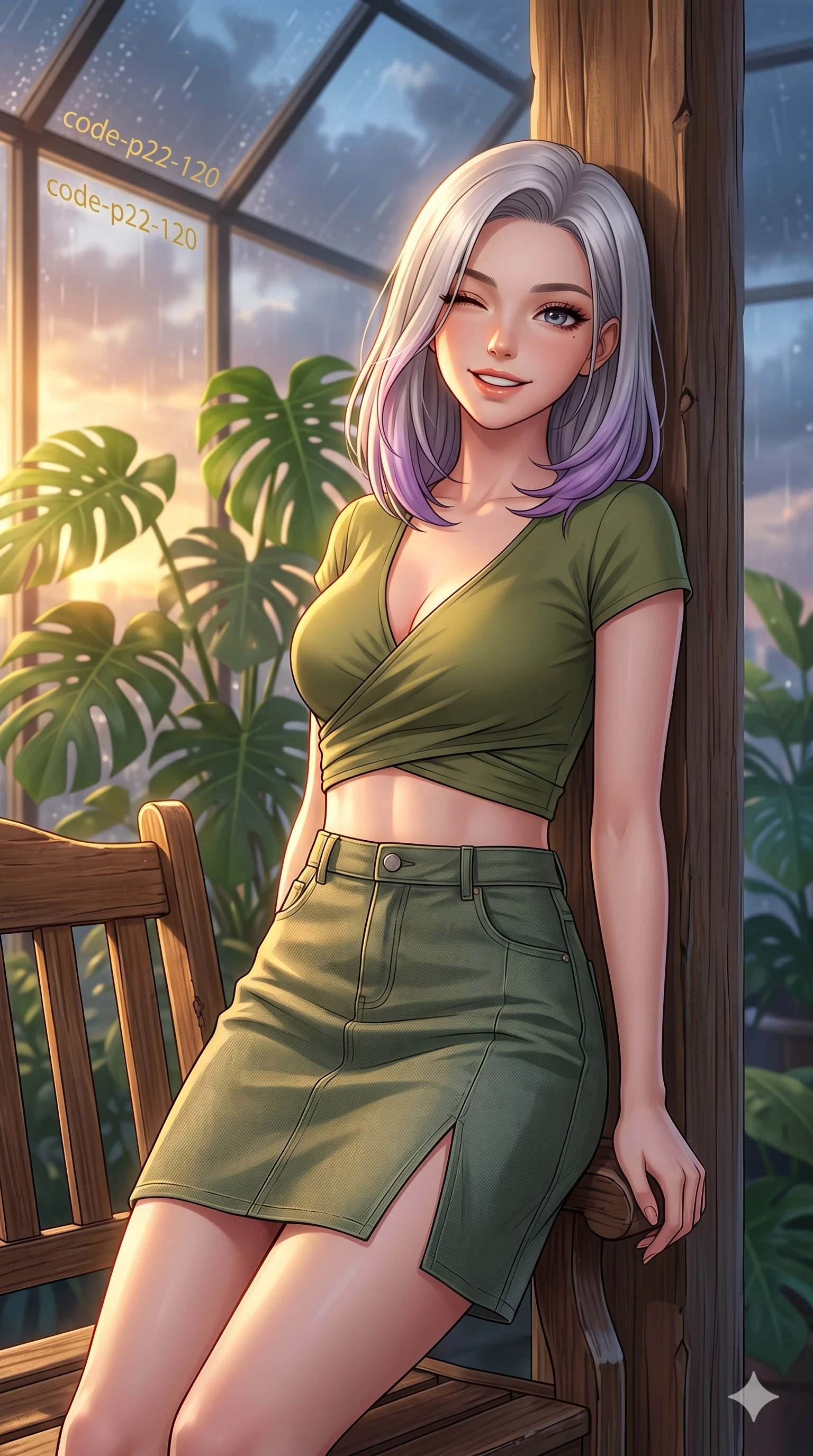 score_9, masterpiece, best quality, ultra-detailed, high-budget anime keyframe, vibrant anime aesthetic, Caucasian woman, strictly human ears. close-up cowboy shot from the waist and thighs up, the character dominates the composition, filling the frame with her large presence, background elements kept in soft focus. She is sitting on a vintage bench, winking with a playful and bright expression, her eyes shining with genuine joy leaning against a rustic wooden column. the background shows a soft-focus luxury penthouse conservatory with a panoramic glass wall showing rain clouds parting for a golden sunset (Code-P22-120). She has an absolutely perfect proportion, an exceptionally elegant and slender female figure with an ultra-slim waist. V-shaped jawline, high-bridge nose, intricate jewel-like eyes with depth, thick eyelashes, glossy lips with a natural sheen. wearing a cropped wrap top and a matching denim skirt with a refined side vent in olive green. She is drenched in warm, golden afternoon sunbeams filtering through dense green monstera leaves, creating a cinematic, high-budget anime lighting effect during the twilight rain. 2k, ultra detail, master piece, 9:16 ratio