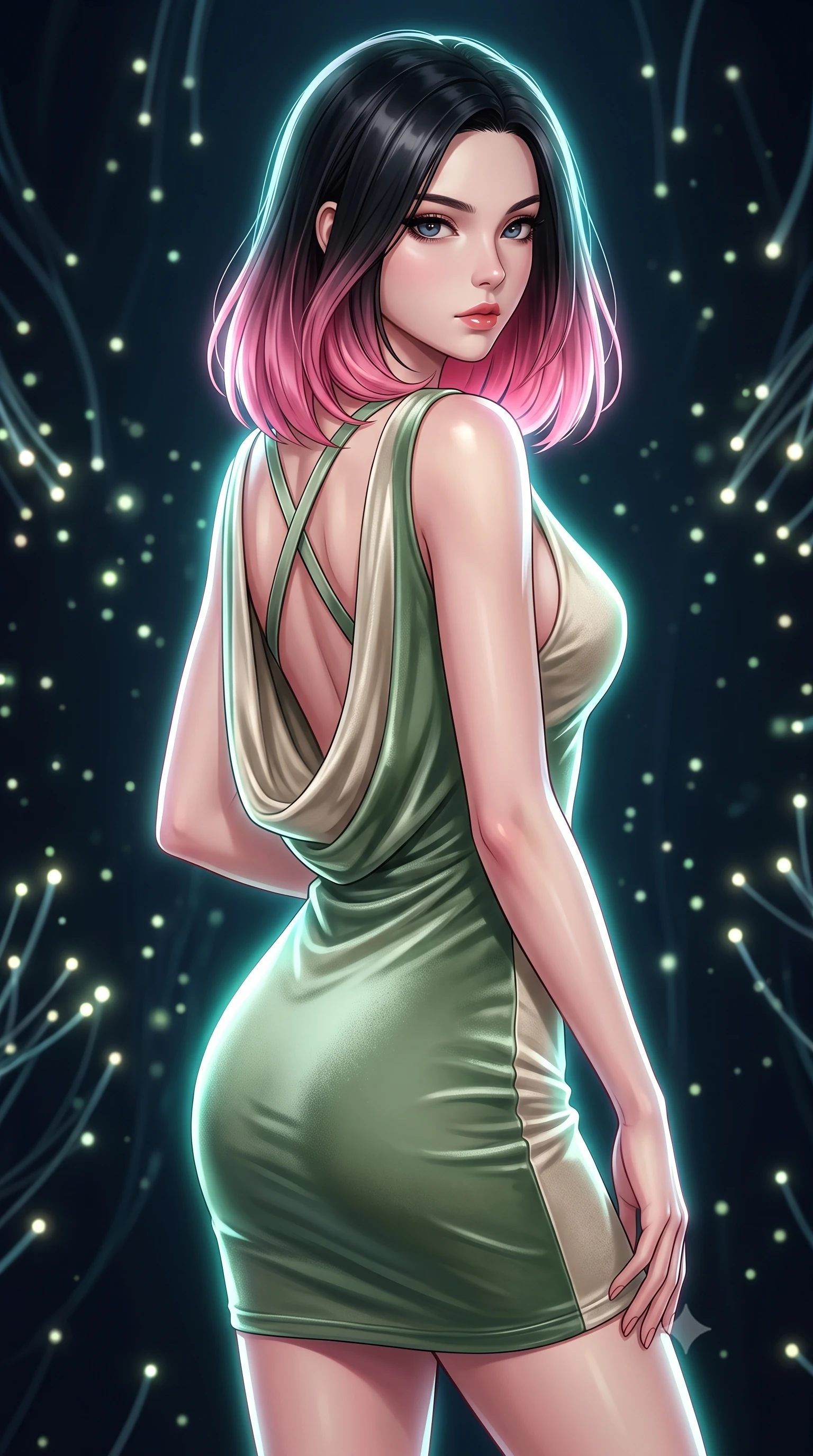 score_9, masterpiece, best quality, ultra-detailed, high-budget anime keyframe, editorial fashion photography, tasteful artistic composition, Korean woman. close-up cowboy shot from the waist and thighs up, the character dominates the composition, filling the frame with her large presence, background elements kept in soft focus. Gazing past the lens with composed intensity as her torso curves dynamically in mid-motion while pivoting her torso in an S-curve alignment inside a 3D fiber-optic loom void, glowing fiber optic motes drifting like fireflies in the dark background. She has an exceptionally elegant, slender, and willowy female figure with an ultra-slim waist, a gracefully sculpted slender torso, and a refined silhouette. sharp v-shaped jawline, high-bridge nose, intricate jewel-like eyes with depth, thick eyelashes, glossy lips with a natural sheen, flawlessly proportioned anatomical accuracy, natural body alignment, perfectly sculpted elegant limbs, clean dynamic posture without body distortion. wearing a precision-fitted liquid jersey bodycon dress with a graceful draped back in sage green and oatmeal, made of premium stretch velvet with a rich sheen, complemented by criss-cross back straps highlighting her bare shoulders, the glove-like fit emphasizing her statuesque silhouette during motion. surrounded by a vibrant fluorescent aura with bright specular rim lights. highly saturated vibrant anime colors, detailed shading with soft gradients, rich glossy textures, high-contrast stereoscopic depth, volumetric dynamic lighting, master piece, 9:16 ratio