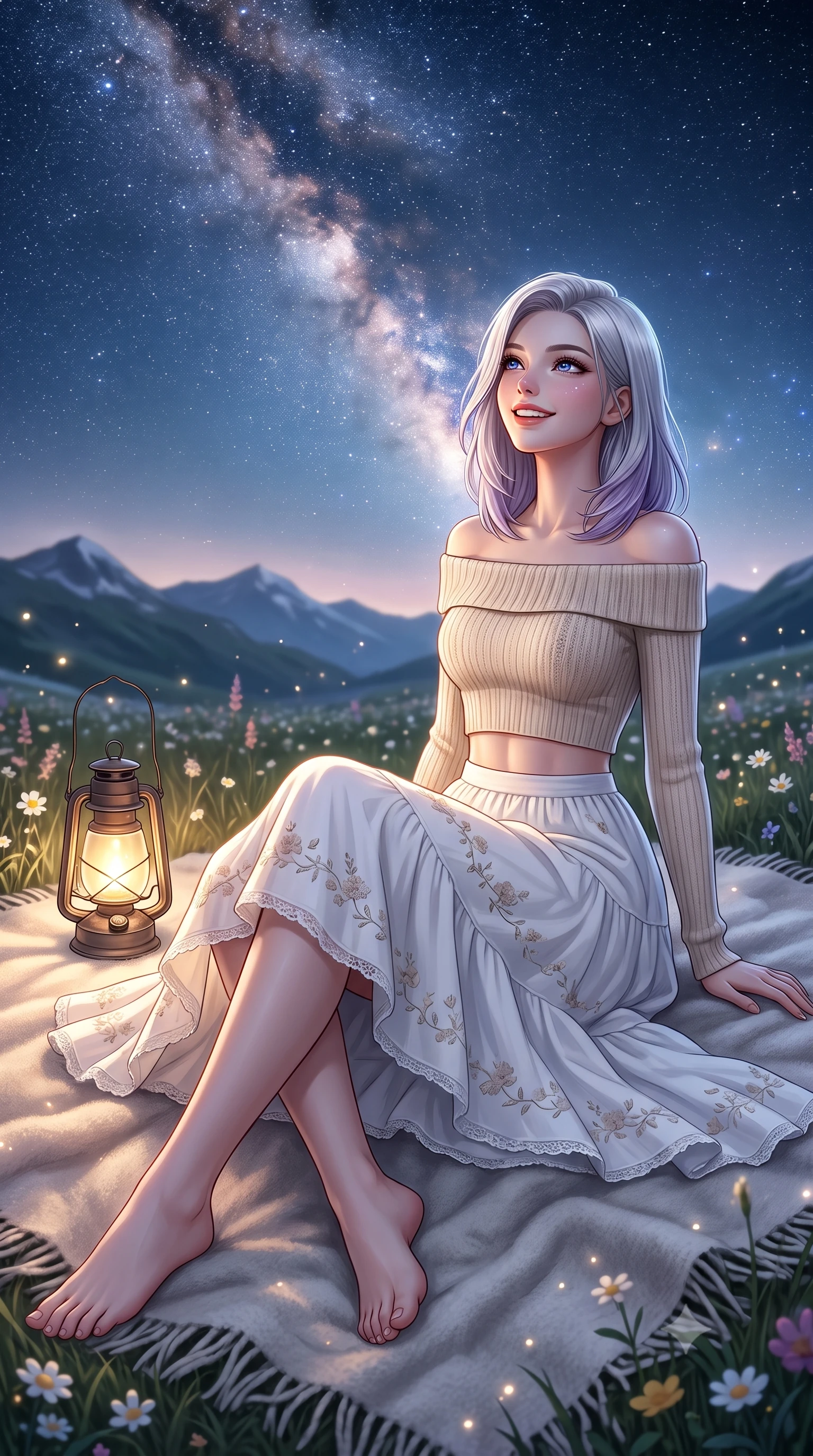 score_9, masterpiece, best quality, ultra-detailed, high-budget anime keyframe, semi-realistic 3D game render, editorial fashion photography, tasteful artistic composition, Caucasian woman. low angle full-body shot from head to toe showing her feet, filling the entire 9:16 vertical frame with her statuesque presence, stretching her vertical silhouette. pivoting dynamically with a fresh infectious smile, her ultra-slim waist and long slender legs creating a fluid graceful line while sitting comfortably on a soft wool blanket in a high alpine meadow, gazing up at the brilliant Milky Way with sparkling eyes. The composition keeps background elements in soft focus with creamy bokeh. sparkling lantern light flares and twinkling celestial starlight scattering magical light motes. She has an absolutely perfect, statuesque 8.5-heads proportion, an exceptionally tall and slender model-like female figure with impossibly long slender legs, a toned flat midriff, and an ultra-slim waist. sharp v-shaped jawline, high-bridge nose, intricate jewel-like eyes with depth, thick eyelashes, glossy lips with a natural sheen, pure and lovely fresh girlhood expression, flawlessly proportioned anatomical accuracy, strict slender model proportions, natural body alignment, perfectly sculpted long slender limbs, ultra-slim waistline, clean dynamic posture without body distortion. wearing a fresh off-shoulder ribbed knit top paired with a tiered white cotton midi skirt in soft dusty rose and oatmeal beige, knitted from ultra-soft cozy baby-cashmere yarn, complemented by subtle floral embroidery along the neckline and hem, the breezy lightweight fabric fluttering softly against her delicate collarbones, narrow waist, and feminine curves. surrounded by a magical, romantic, and breathtakingly wondrous starlit maiden aura. highly saturated vibrant anime colors, detailed shading with soft gradients, rich glossy textures, high-contrast stereoscopic depth, volumetric dynamic lighting, master piece, 9:16 ratio
