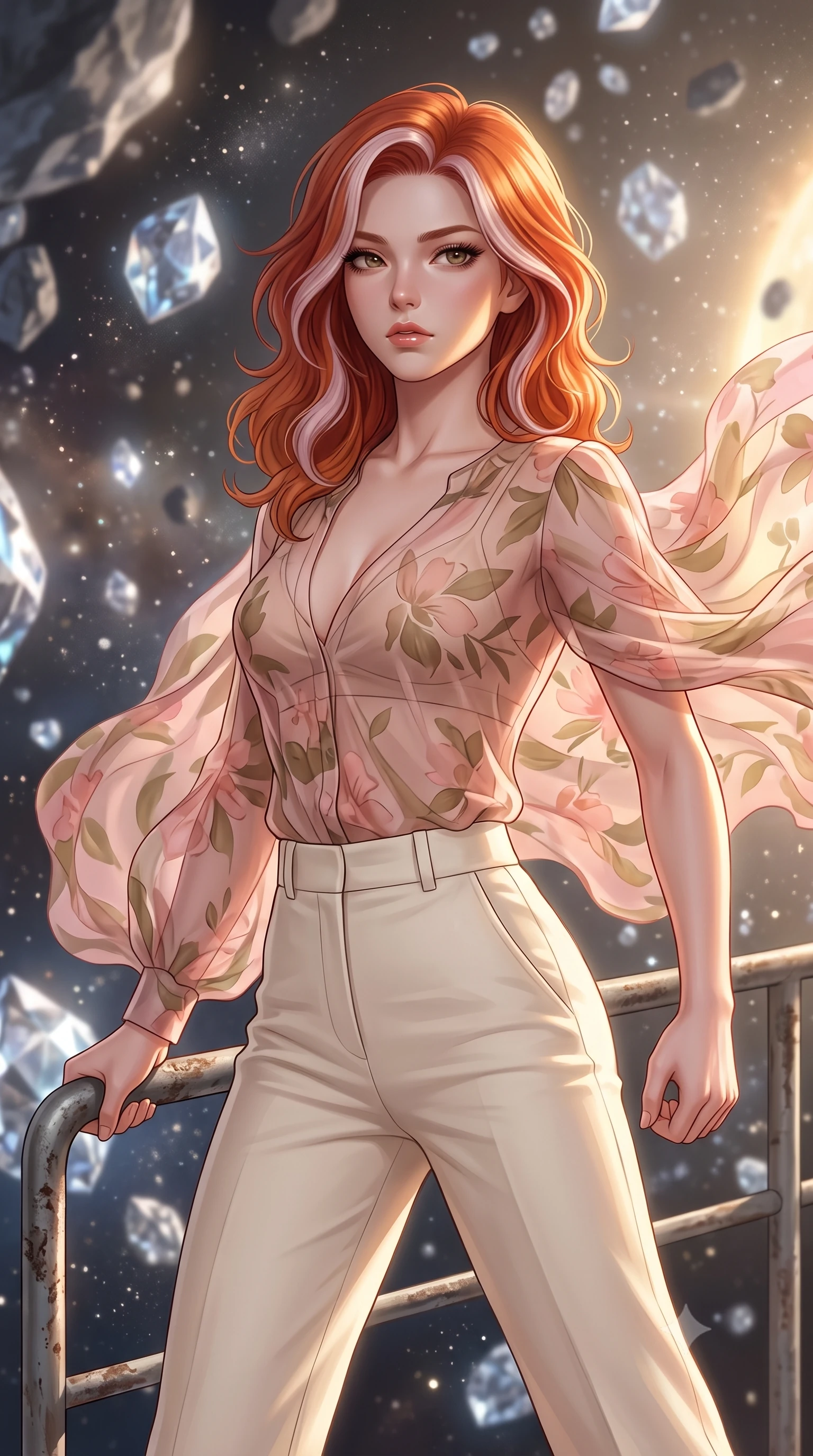 score_9, masterpiece, best quality, ultra-detailed, high-budget anime keyframe, editorial fashion photography, tasteful artistic composition, Caucasian woman, strictly human ears. close-up cowboy shot from the waist and thighs up, the character dominates the composition, filling the frame with her large presence, background elements kept in soft focus. Bracing against the hull decompression wind, her expression resolute and hand gripping a metal safety rail. set against a soft-focus background of an asteroid belt composed of crystalline diamond rocks reflecting the light of a nearby supergiant star, space dust glittering. She has an exceptionally elegant and slender, willowy female figure with an ultra-slim waist, a gracefully sculpted slender torso, and a refined slim physique. sharp v-shaped jawline, high-bridge nose, intricate jewel-like eyes with depth, thick eyelashes, glossy lips with a natural sheen. wearing the lightweight fabric rippling and billowing dramatically with her movement, a form-contouring sheer floral-print chiffon blouse in soft pink and olive tones, paired with high-waisted cream trousers. highly saturated vibrant anime colors, intense vivid color palette, soft 3D volumetric shading, volumetric dynamic lighting, dramatic chiaroscuro with a single golden key light sculpting her silhouette. 2k, ultra detail, master piece, 9:16 ratio