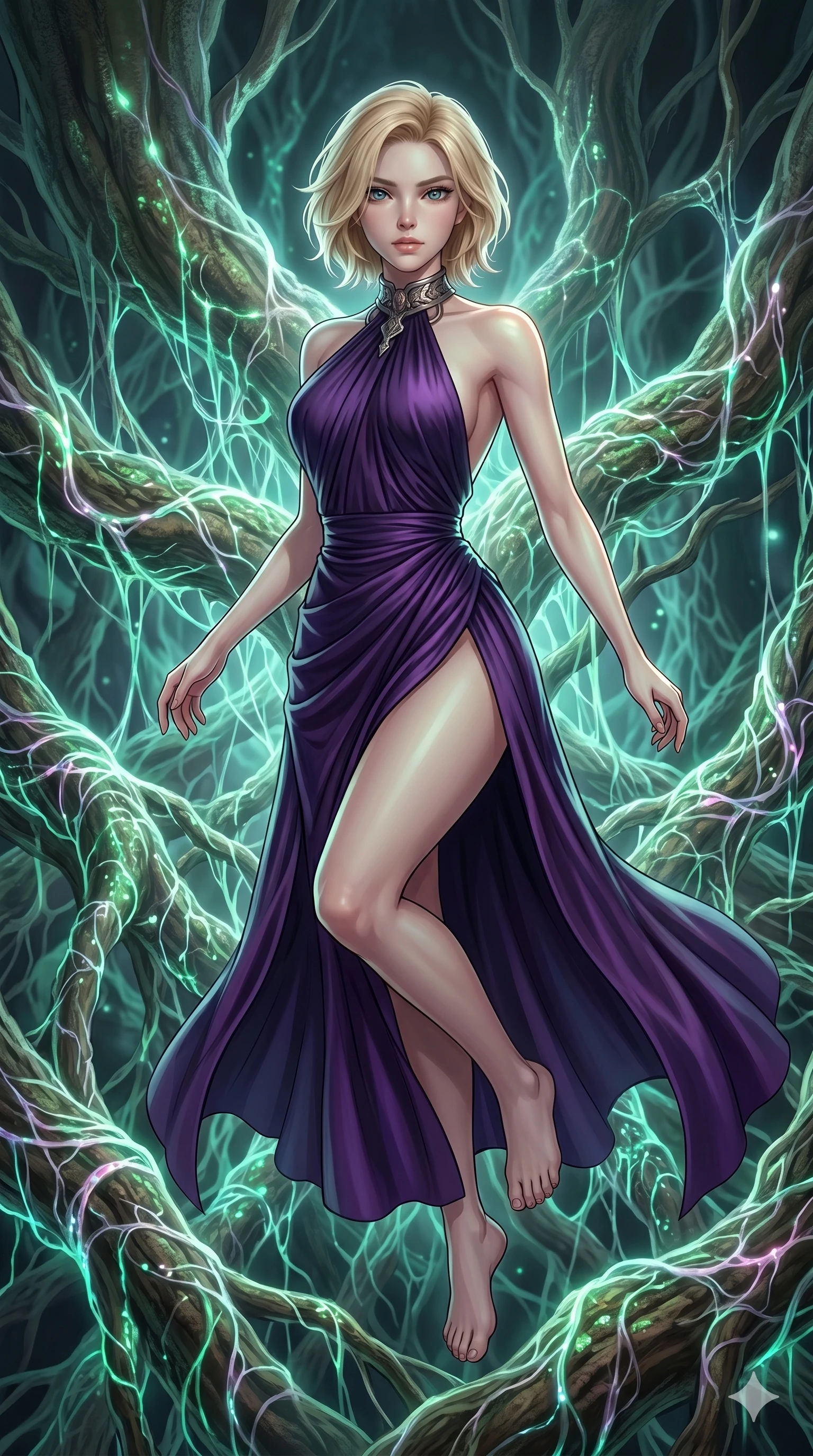 score_9, masterpiece, best quality, ultra-detailed, high-budget anime keyframe, Korean woman. upper body close-up from the thighs up, character filling the screen for maximum presence. jumping amidst giant ancient tree roots wrapped in trillions of glowing mycelium threads pulsing with emerald and opal light. She has an absolutely perfect 8-heads proportion, an exceptionally tall and slender female figure with impossibly long slender legs and an ultra-slim waist. V-shaped jawline, high-bridge nose, intricate jewel-like eyes with depth, thick eyelashes, glossy lips with a natural sheen.. wearing a gothic liquid silk gown, featuring a deep purple liquid silk maxi gown draped around her, secured by a metallic choker collar, with a high side slit. lit by a soft glowing ambient light and a sharp side key light that traces the sleek contours of her athletic build. 2k, ultra detail, master piece, 9:16 ratio