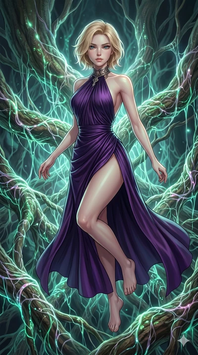 score_9, masterpiece, best quality, ultra-detailed, high-budget anime keyframe, Korean woman. upper body close-up from the thighs up, character filling the screen for maximum presence. jumping amidst giant ancient tree roots wrapped in trillions of g