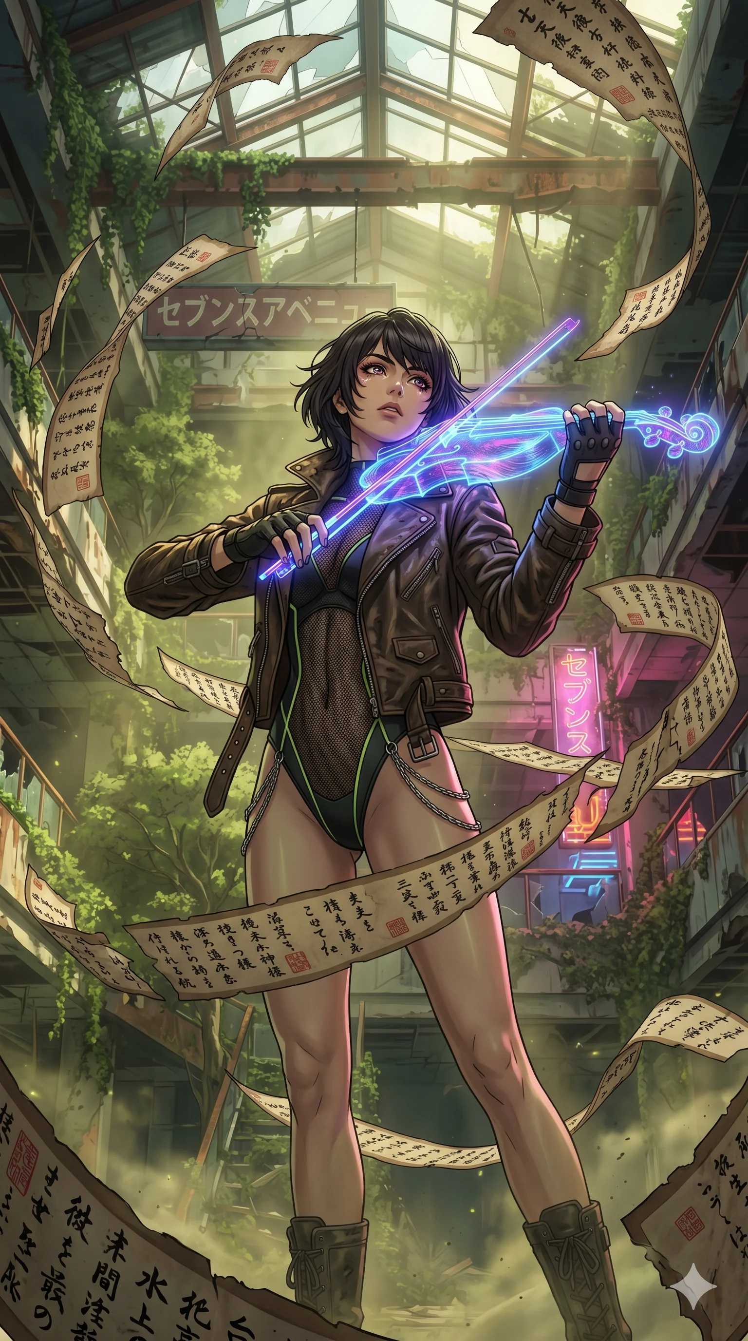 score_9, masterpiece, best quality, ultra-detailed, Set A: High-budget Anime Keyframe, Japanese woman. Low angle cowboy shot filling the entire 9:16 frame with her statuesque presence. Theme: Ethereal Dream. playing a holographic violin in a ruined overgrown shopping mall, surrounded by a whirlwind of 83 floating ancient scrolls. The atmosphere is filled with heavy smog with neon flares. She has an absolutely perfect 8-heads proportion, an exceptionally tall and slender female figure with impossibly long slender legs and an ultra-slim waist. Sharp v-shaped jawline, high-bridge nose, intricate jewel-like eyes with depth, glossy lips. Wearing Distressed leather wasteland-rebel jacket over a neon-chained mesh bodysuit. Cinematic lighting, vivid colors, dramatic shadows, 2k, ultra detail, master piece, 9:16 ratio