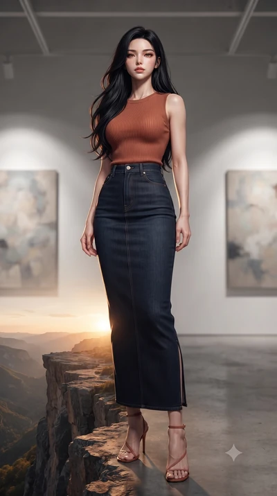 score_9, masterpiece, best quality, ultra-detailed, high-budget anime keyframe, editorial fashion photography, tasteful artistic composition, Korean woman woman. low angle full-body shot from head to toe showing her feet, filling the entire 9:16 vert