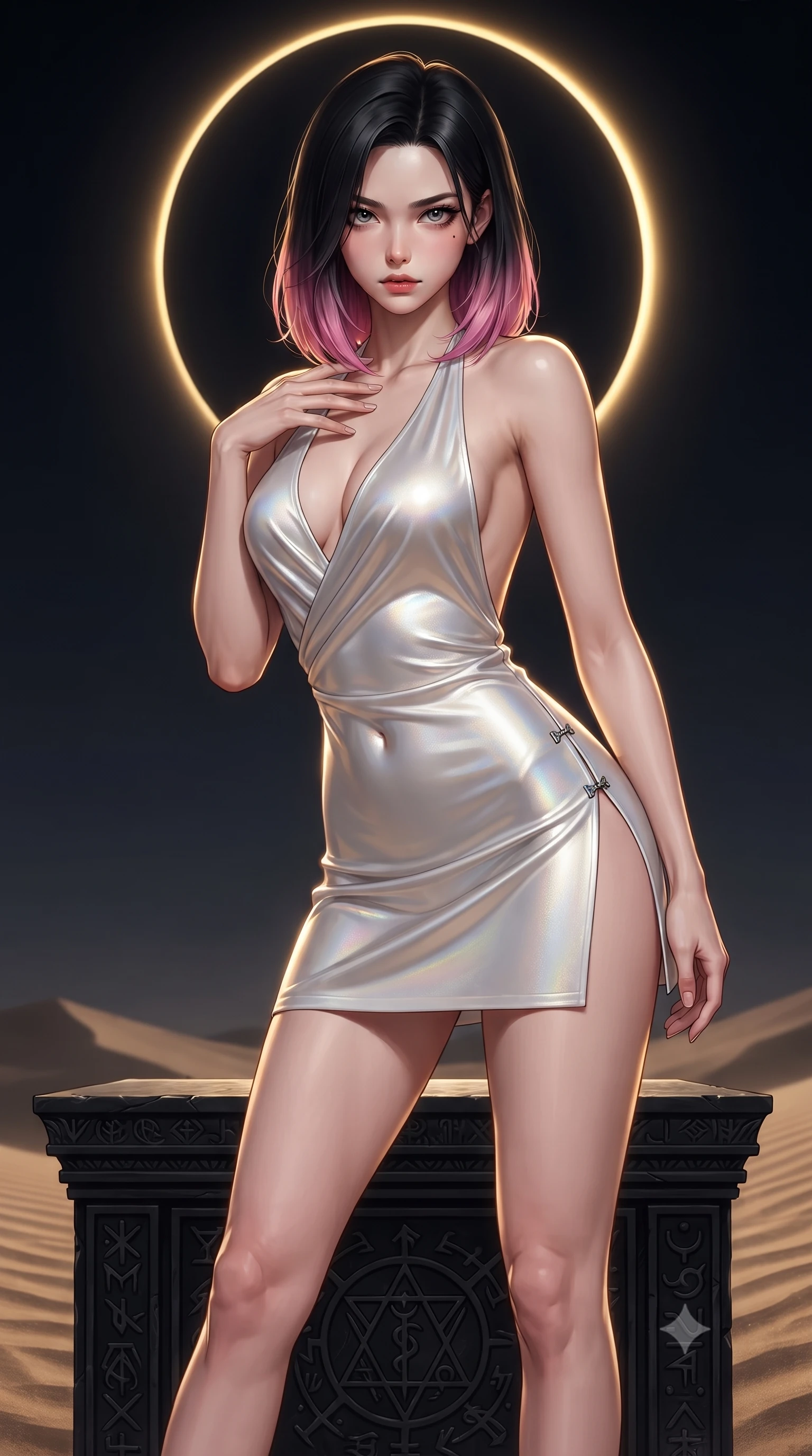 score_9, masterpiece, best quality, ultra-detailed, high-budget anime keyframe, editorial fashion photography, tasteful artistic composition, Korean woman. close-up cowboy shot from the waist and thighs up, the character dominates the composition, filling the frame with her large presence. leaning forward with a dangerous, enticing smolder, resting one hand near her collarbone while casting a fiery, magnetic direct gaze while standing with sovereign authority atop a black obsidian temple altar as a total solar eclipse crowns the sky in a golden ring. The surrounding environment is rendered in vivid detail and crisp panoramic clarity. intricate black marble altar carvings, wind-swept sand ripples, and razor-sharp eclipse ring in high clarity. She has an exceptionally elegant, slender, and willowy female figure with an ultra-slim waist, a gracefully sculpted slender torso, toned flat midriff, and a refined slim silhouette. sharp v-shaped jawline, high-bridge nose, intricate jewel-like eyes with depth, thick eyelashes, glossy lips with a natural sheen, flawlessly proportioned anatomical accuracy, strict slender model proportions, natural body alignment, perfectly sculpted long slender limbs, ultra-slim waistline, clean dynamic posture without body distortion. wearing a form-contouring liquid satin halter-neck mini dress with a deep crossover cowl front, open back, and ultra-slender waist drape in glistening liquid pearl white with rainbow opalescence, made of liquid metal jersey that clings flawlessly to every contour of her build, finished with an ultra-high side slit secured by miniature magnetic clasps, the precision-cut daring openings accentuating her delicate midriff, graceful bare collarbones, and ultra-slim feminine waistline. illuminated by sharp golden rim lights tracing her ultra-slim waist, long legs, and sculpted collarbones. ultra-reflective glossy finish, specular highlights, metallic sheen, high-contrast stereoscopic depth, volumetric dynamic lighting, 2k, ultra detail, master piece, 9:16 ratio