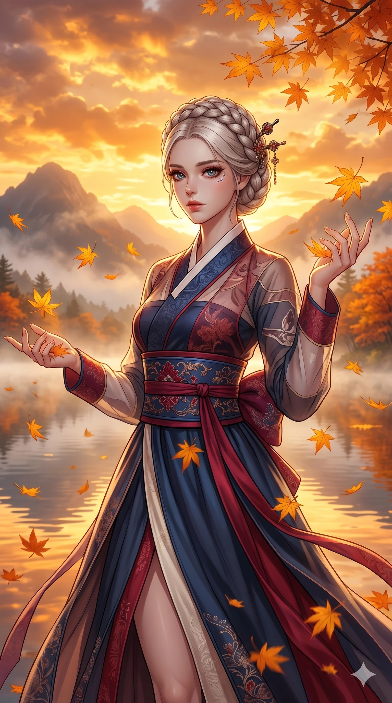 score_9, masterpiece, best quality, ultra-detailed, Set C: High-budget Anime Keyframe, Korean woman. Upper body close-up from the thighs up, character filling the screen for maximum presence. Catching falling golden maple leaves by a misty mountain lake at a fiery sunset. She has an absolutely perfect 8-heads proportion, an exceptionally tall and slender female figure with an slender waist and graceful posture. Sharp v-shaped jawline, high-bridge nose, intricate jewel-like eyes with depth, thick eyelashes, glossy lips. Wearing a Modern Traditional outfit: fusion silk robes with transparent panels and a wide obi. Background is a bright and colorful autumn landscape with glowing orange clouds and misty reflections. 2k, ultra detail, master piece, 9:16 ratio